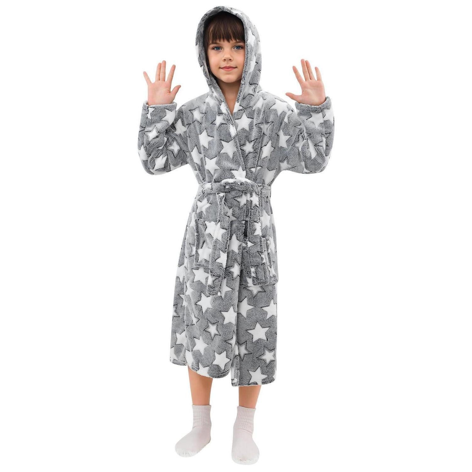 LuxusKollektion Kinderbademantel Bademantel Mädchen Regenbogen Plüsch Grau 122, Textil, Kapuze