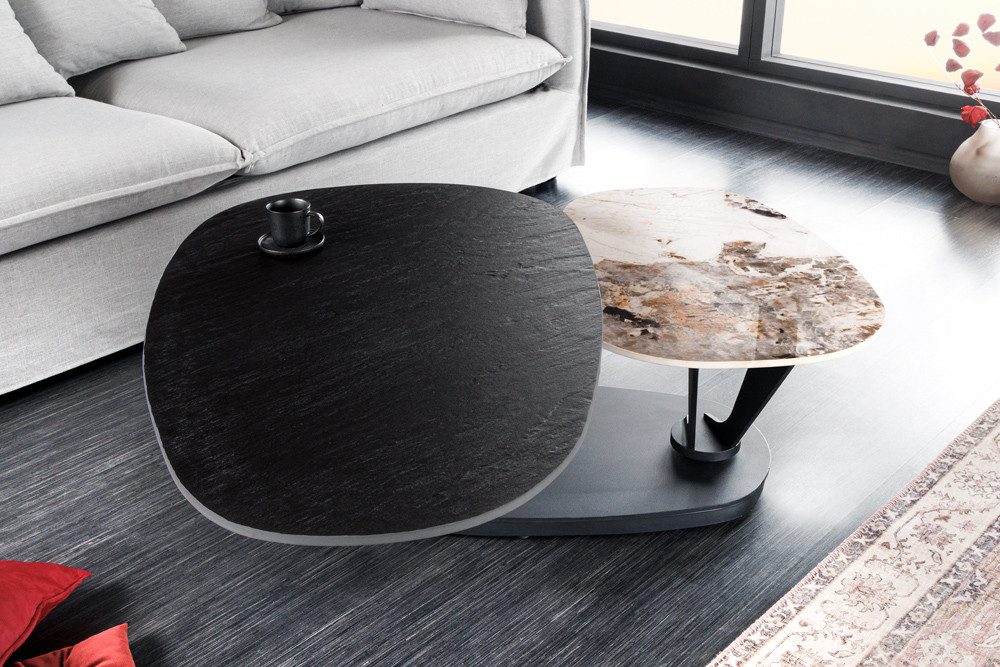 riess-ambiente Couchtisch MOVEMENT schwarz/natur - rund, Pandora Keramik, drehbar, Metall (Einzelartikel, 1-St), mit 2 Ebenen und Drehfunktion – ideal für Wohnzimmer & Loungebereich