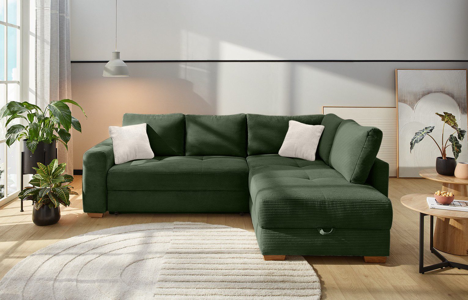 luma-home Ecksofa 15213, Dauerschläfer B257/T206/H85 cm mit Bettkasten und separatem Topper, Boxspringpolsterung, Ottomane links oder rechts, Cord Grün