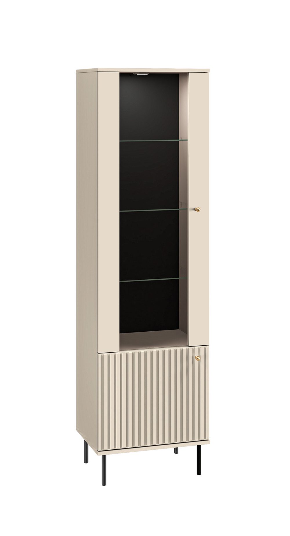 Feldmann-Wohnen Vitrine Sophie (1 Glastür, 1 Holztür, 3 Glaseinlegeböden, 1 Holzboden, 1-St., goldene Metallknopfgriffe und schwarze Metallfüße) 55x40x190cm kaschmir matt mit Beleuchtung
