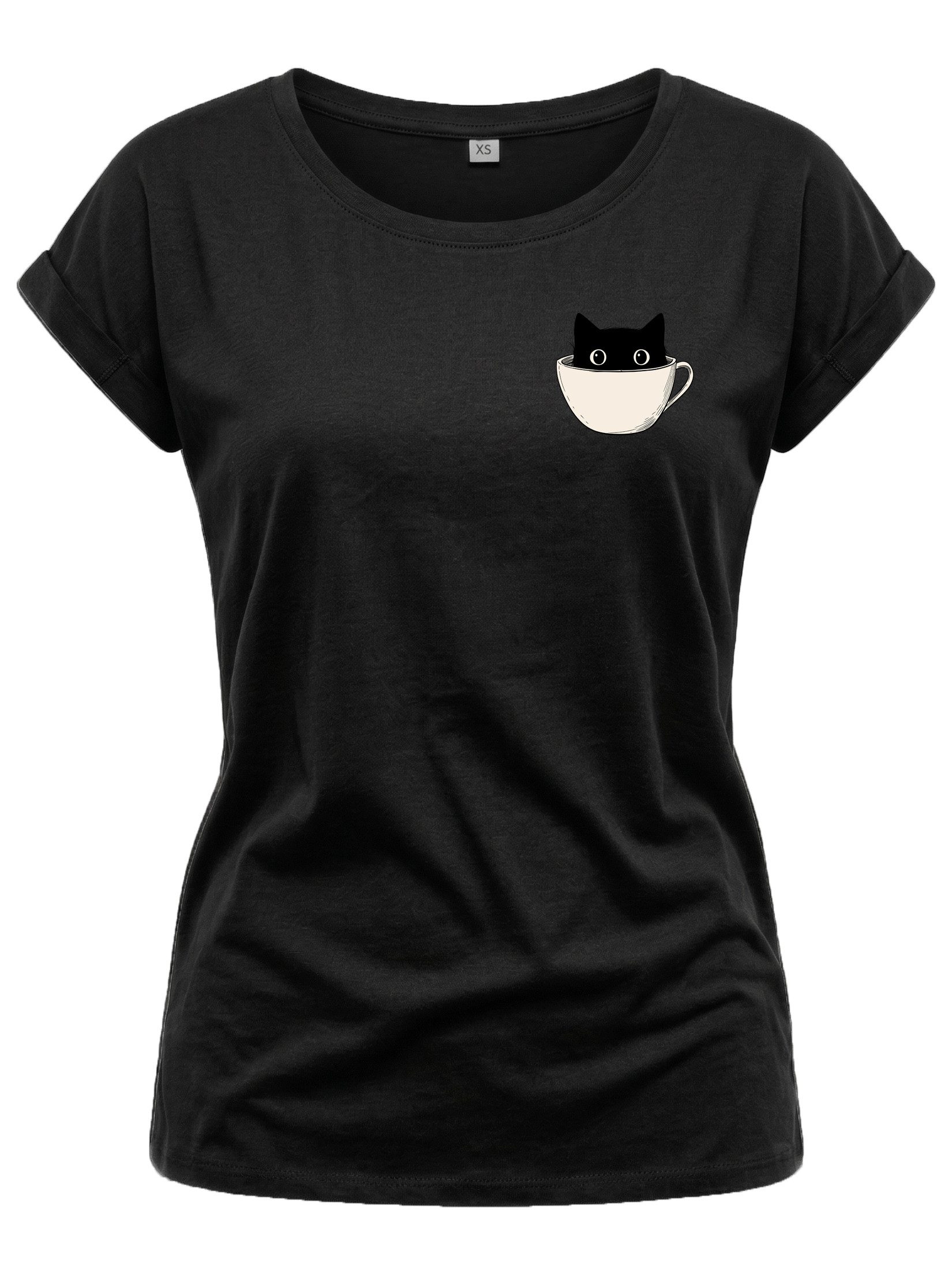 T-Shirt Lustiges Damen-Top mit Katzenmotiv – Katze in Kaffeetasse Print