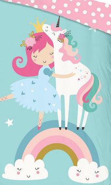 Bettwäsche Einhorn Regenbogen Prinzessin hellblau rosa, soma, Baumolle, 2 teilig, Bettbezug Kopfkissenbezug Set kuschelig weich hochwertig