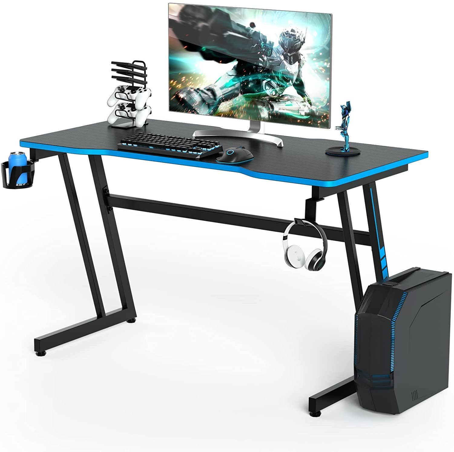 COSTWAY Gamingtisch 120cm, Z-förmig, mit Getränkehalter, Gamepad-Halterung Blau