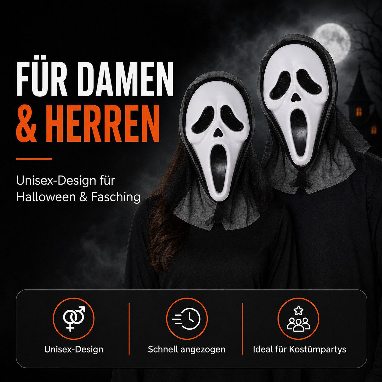 Kostümheld® Verkleidungsmaske Scream Maske Ghostmaske für Herren Halloween Kostüm Herren Maske, (Packung)
