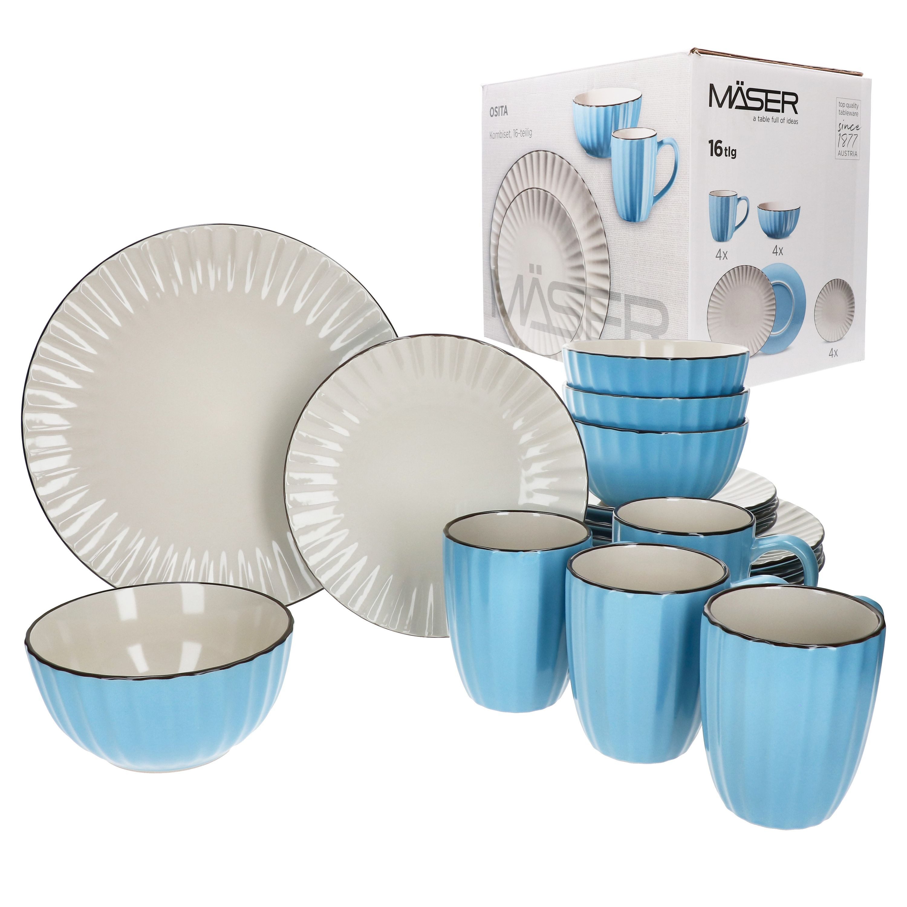 MÄSER Kombiservice OSITA Hellblau Weiß 16tlg Kombiservice Steingut 4 Pers. Relief, Steingut
