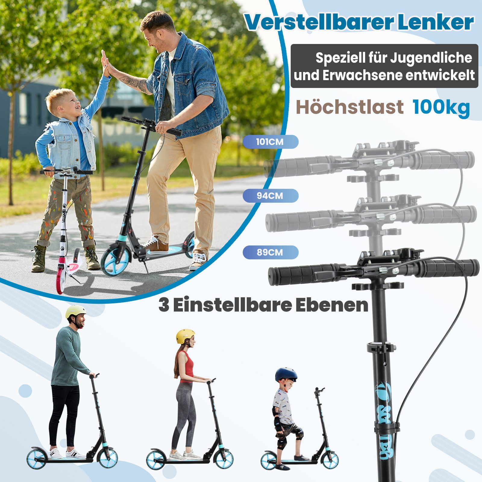 YEE RUN Cityroller für Kinder, Jugendliche und Erwachsene, höhenverstellbar und faltbar.