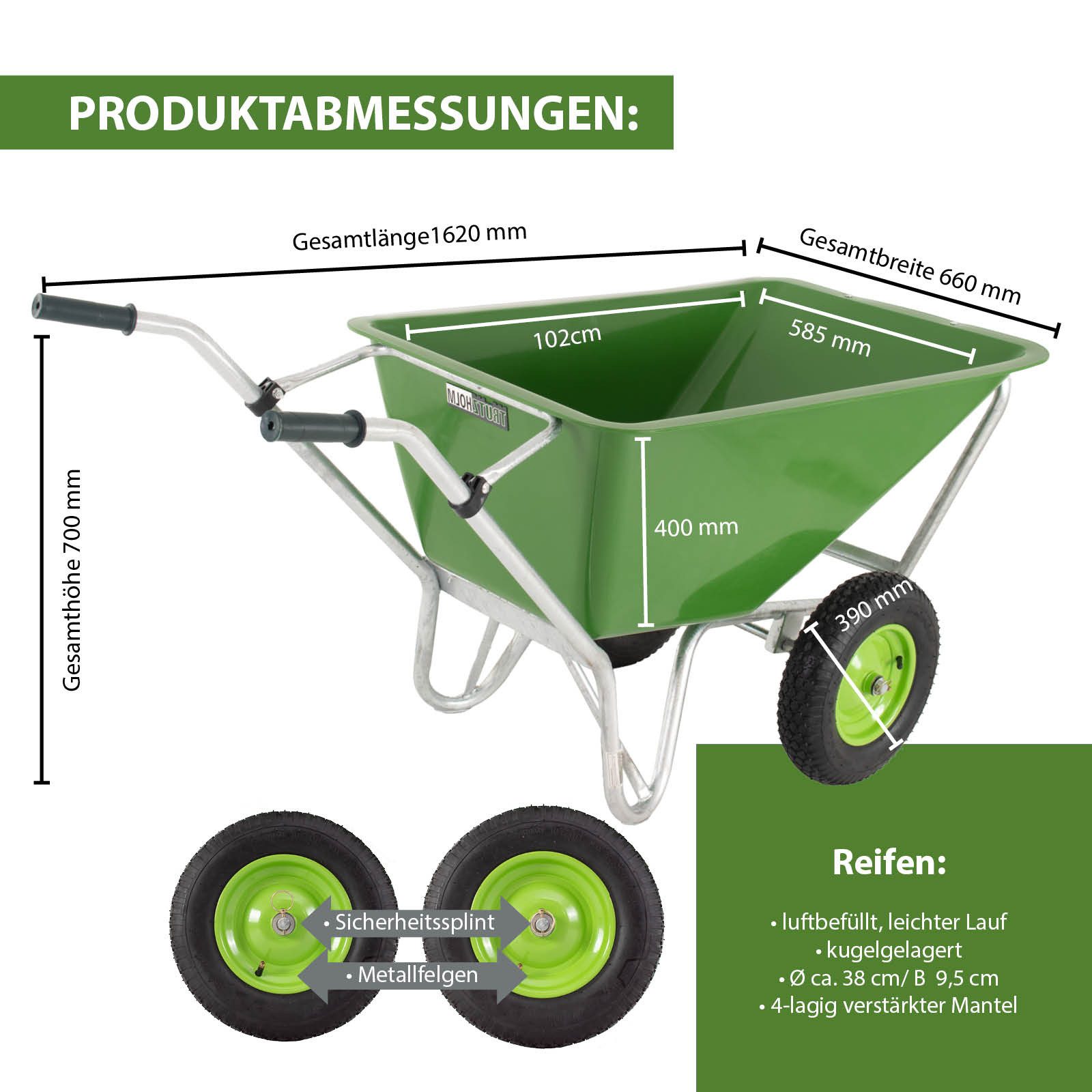 TRUTZHOLM Schubkarre 2-Rad XL 200L 300kg Gartenschubkarre Schiebkarre Hofkarre Luftrad, (Artikel, 1-tlg), Hohe Stabilität