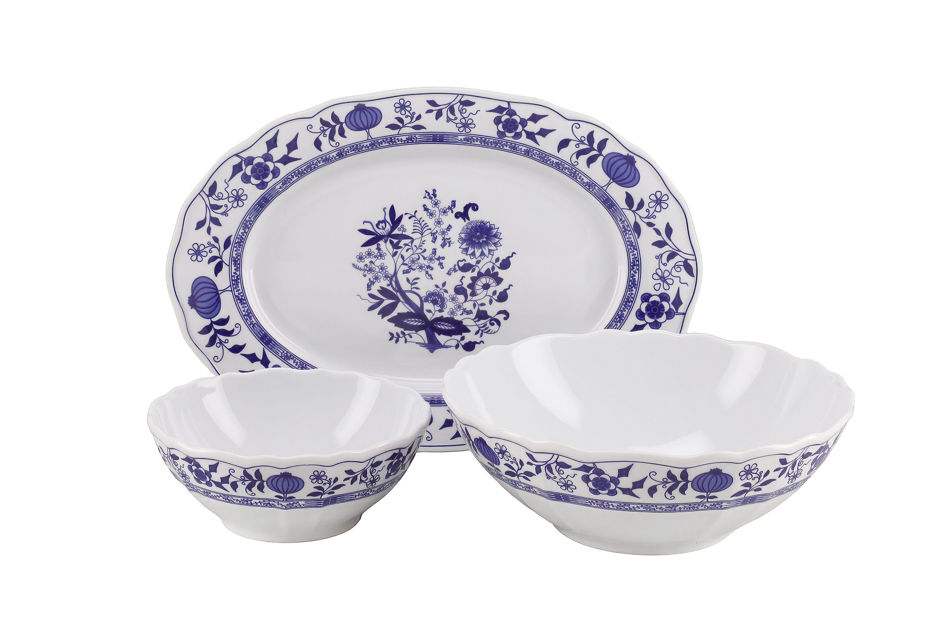 CreaTable Servier-Set Flora Zwiebelmuster, Porzellan, (3-tlg., 1 Salatschüssel, 1 Soßenschale, 1 Servierplatte)