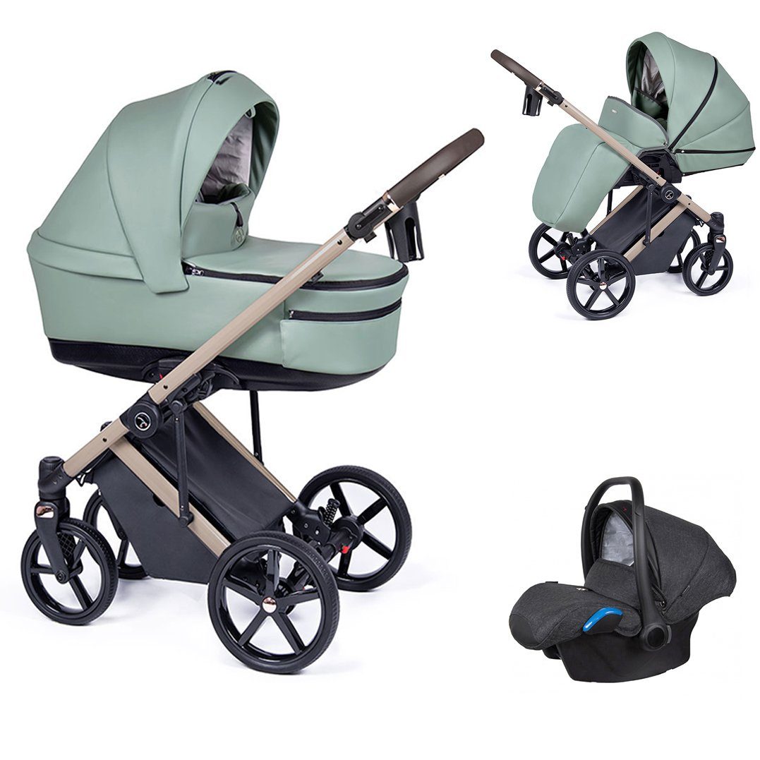 babies-on-wheels Kombi-Kinderwagen 3 in 1 Kinderwagen-Set Fado Eco - 15 Teile - in 21 Designs Grün = Gestell beige