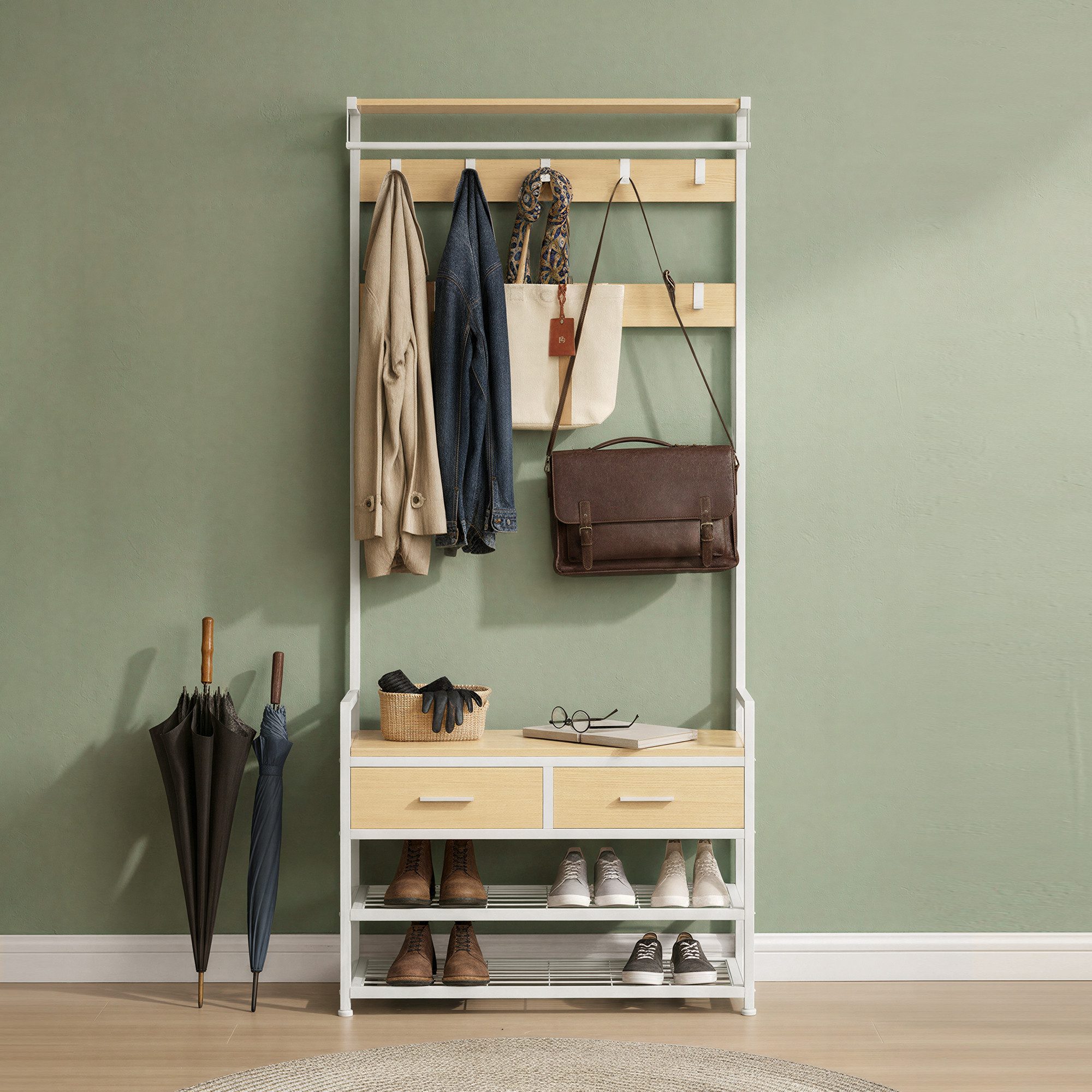 VASAGLE Garderobenständer Garderobe mit Schuhbank, mit Haken und offenen Fächern, 2 Schubladen aus Stoff – Bild 3 von 5