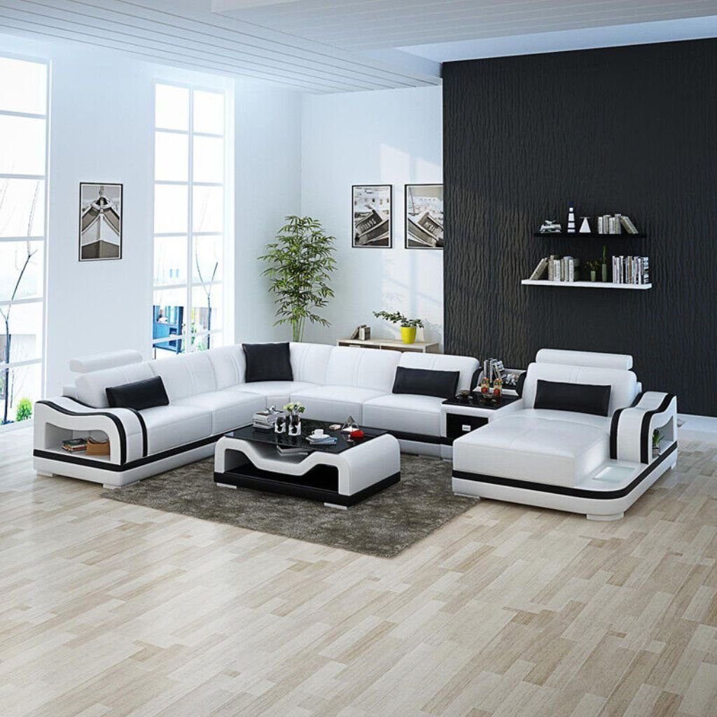 JVmoebel Ecksofa Ledersofa+USB Wohnlandschaft Ecksofa Garnitur Modern Sofa Couchen Weiß