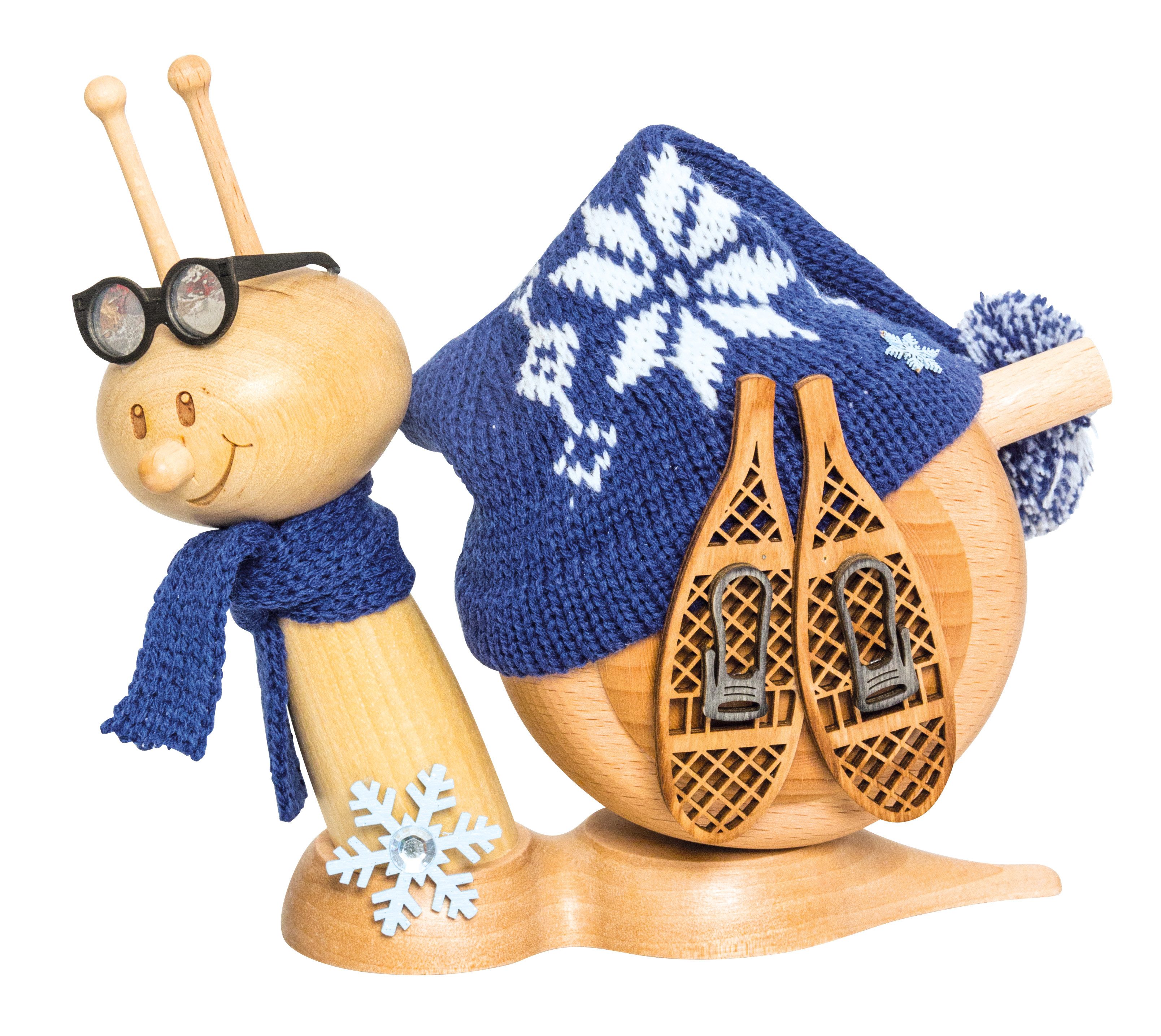 Kuhnert Räuchermännchen Räucherschnecke - Sunny mit Schneeschuh - ca. 16 cm - aus Holz, erzgebirgische Holzkunst - für Räucherkerzen Größe M - Made in Germany