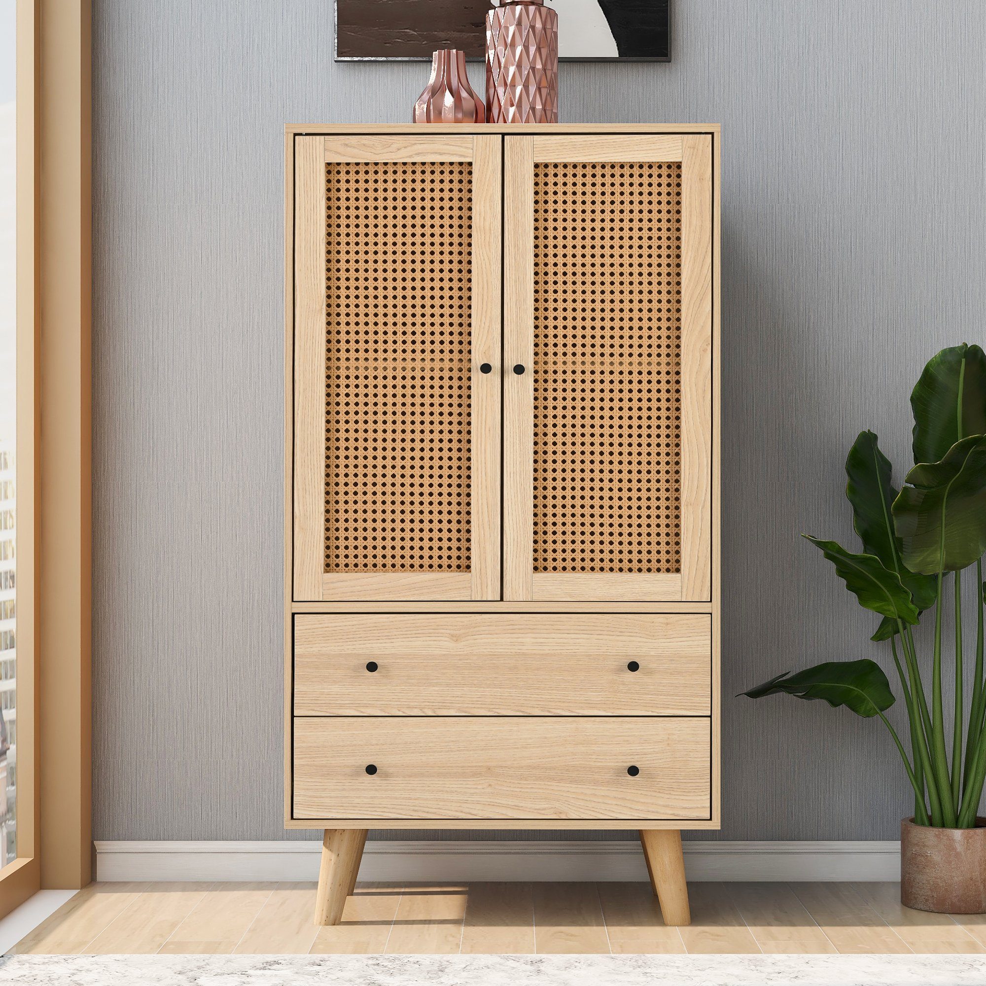 2 Flieks Sideboard Kommode, mit Schubladen 2 Rattan Türen und 60x40x120cm