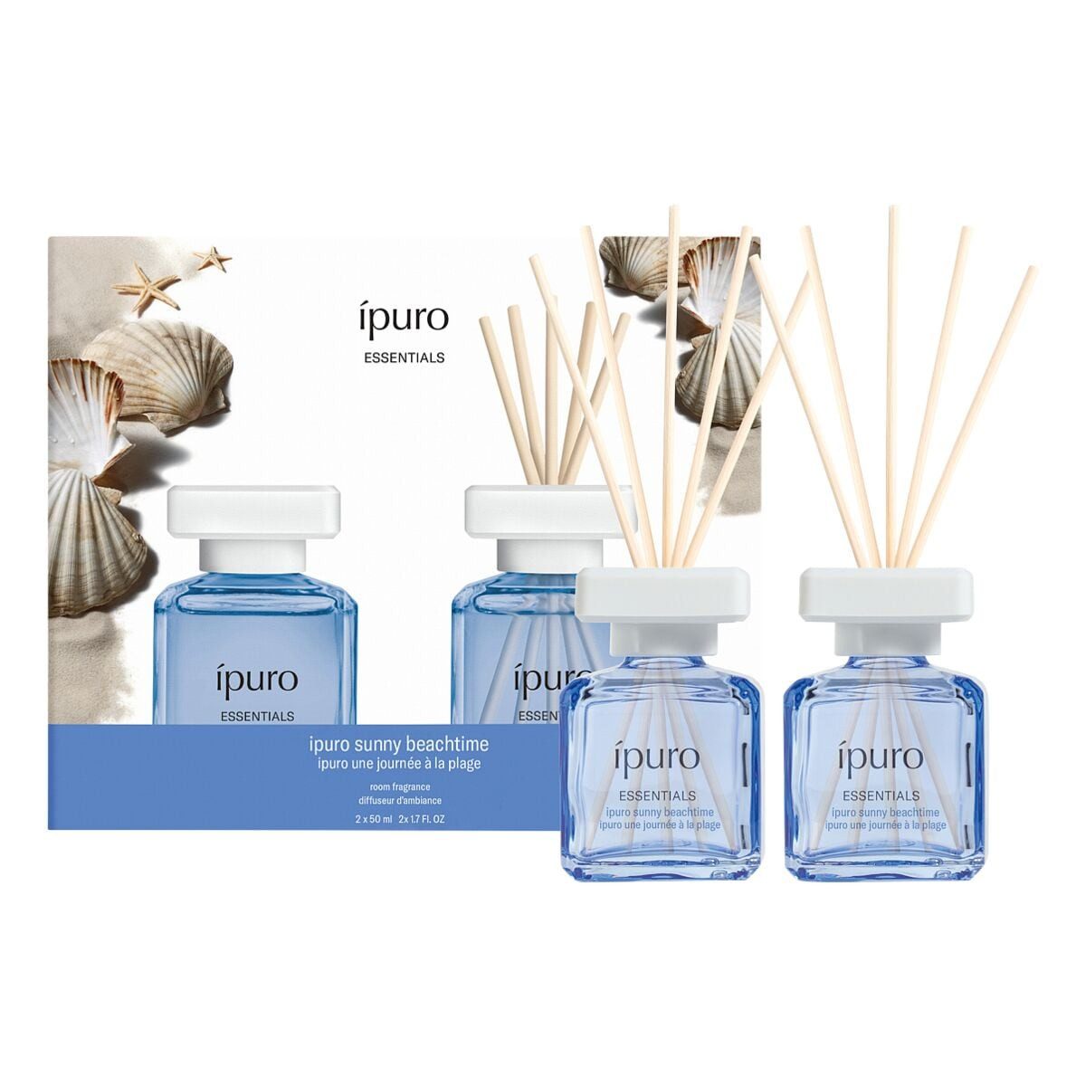 IPURO Raumduft Sunny Beach Time, 2x 50 ml, Glasflakon mit Rattan-Holzstäbchen