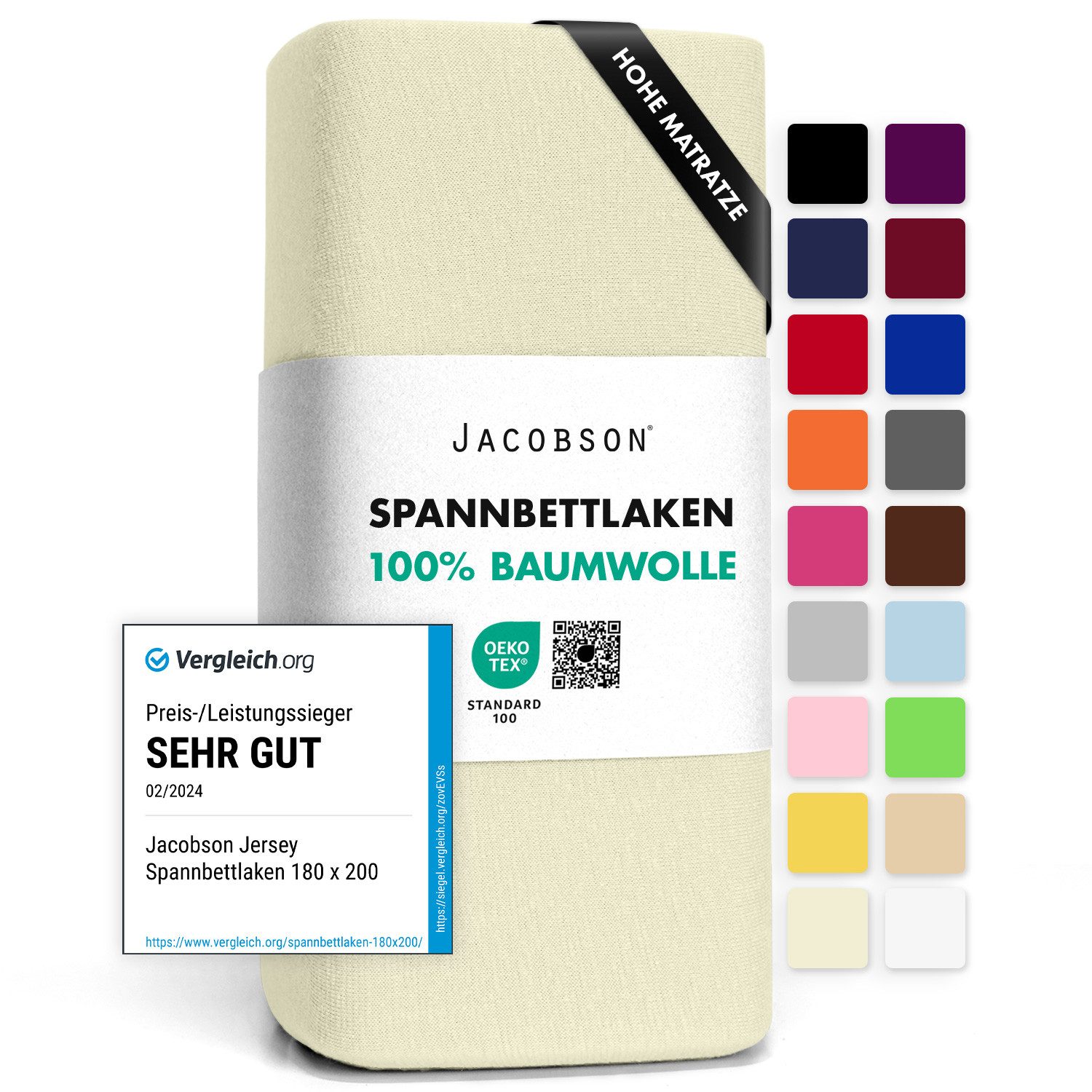 Jacobson Spannbettlaken BOXSPRING & ÜBERLÄNGE aus 100% Baumwolle, für hohe & lange Matratzen, Jersey Bettlaken 160 g/m²