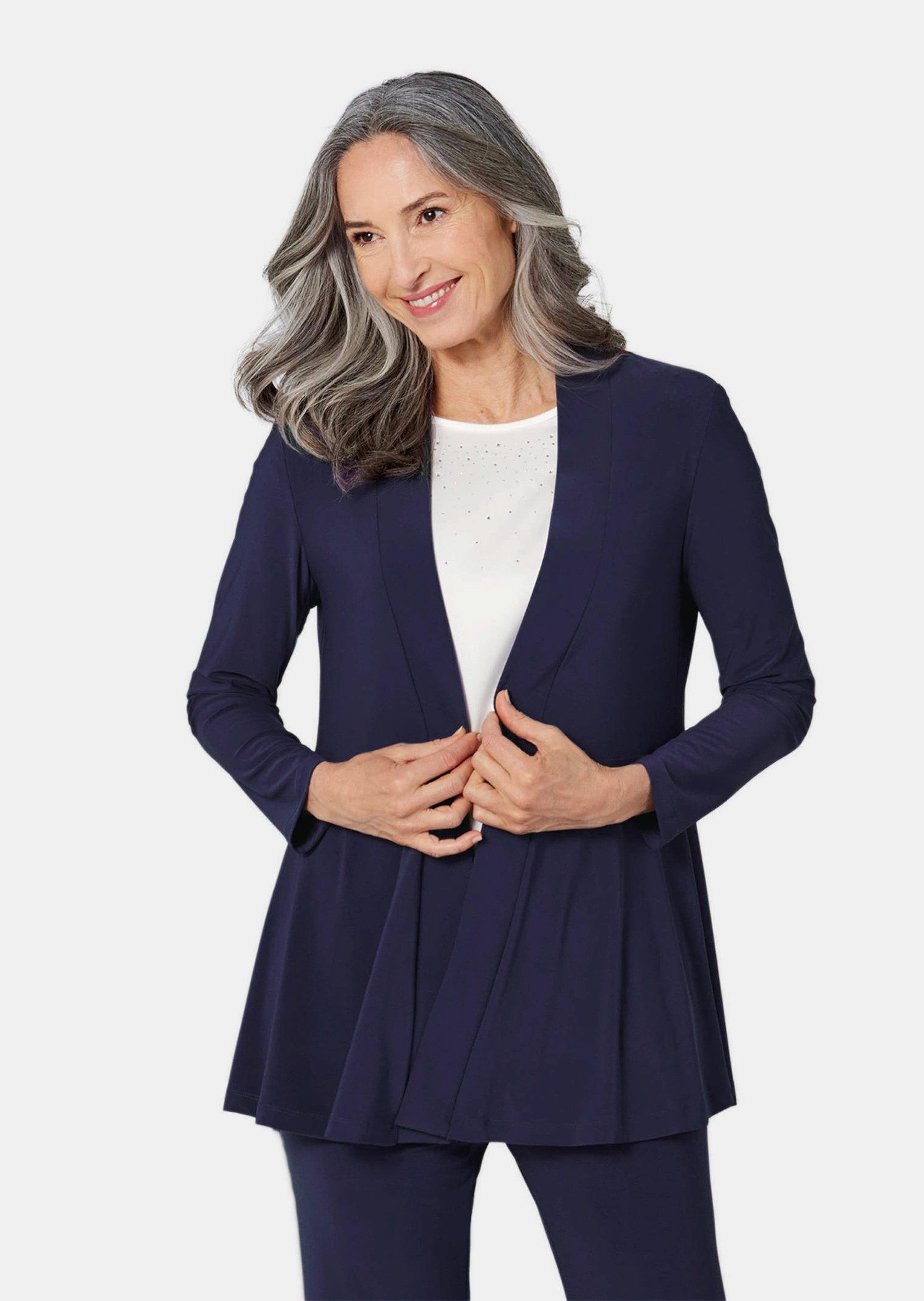 GOLDNER Shirtjacke Leichte Shirtjacke lila mit Stretch Damen Indoorjacke Uni, Shirtjacke, kaschierend, elegant, Schalkragen