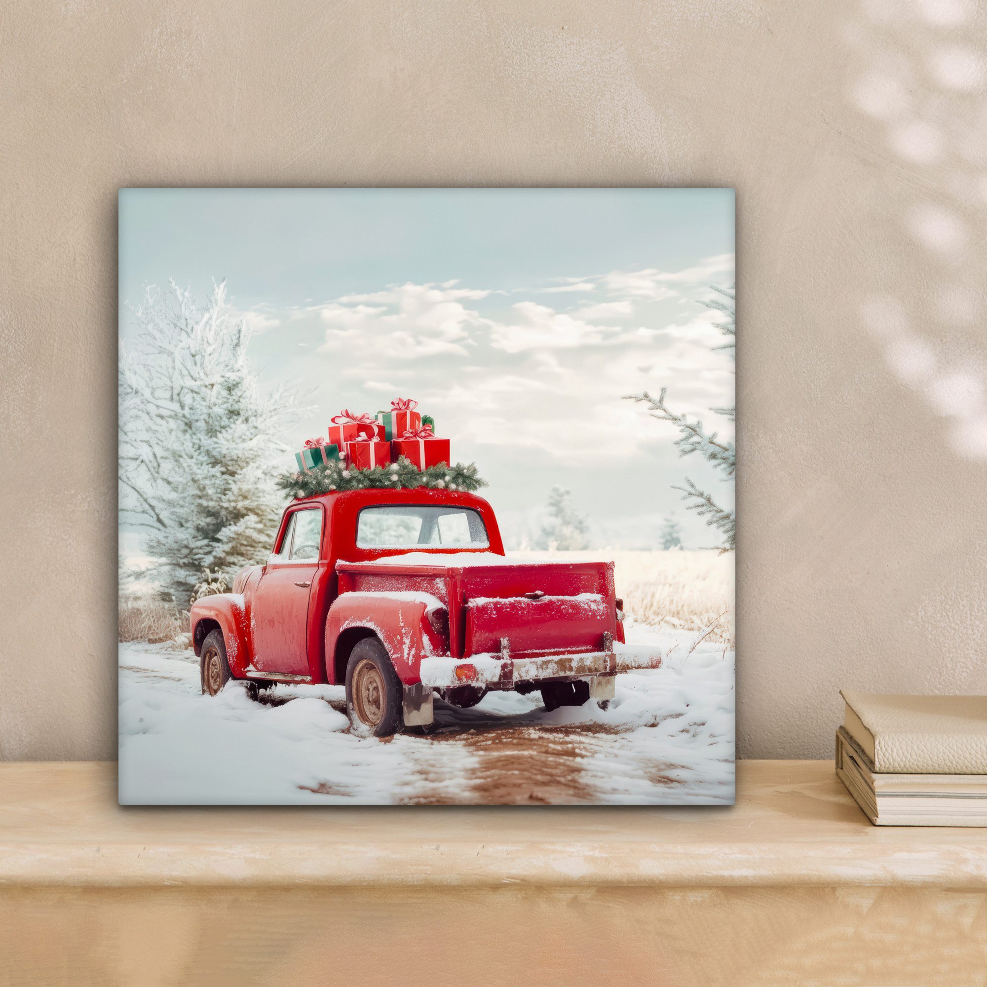 OneMillionCanvasses® Leinwandbild Auto - Rot - Geschenke - Winter - Schnee - Weihnachten, Fotodruck (1 St), Wandbild, Deko Schlafzimmer Wohnzimmer Flur 20x20 cm