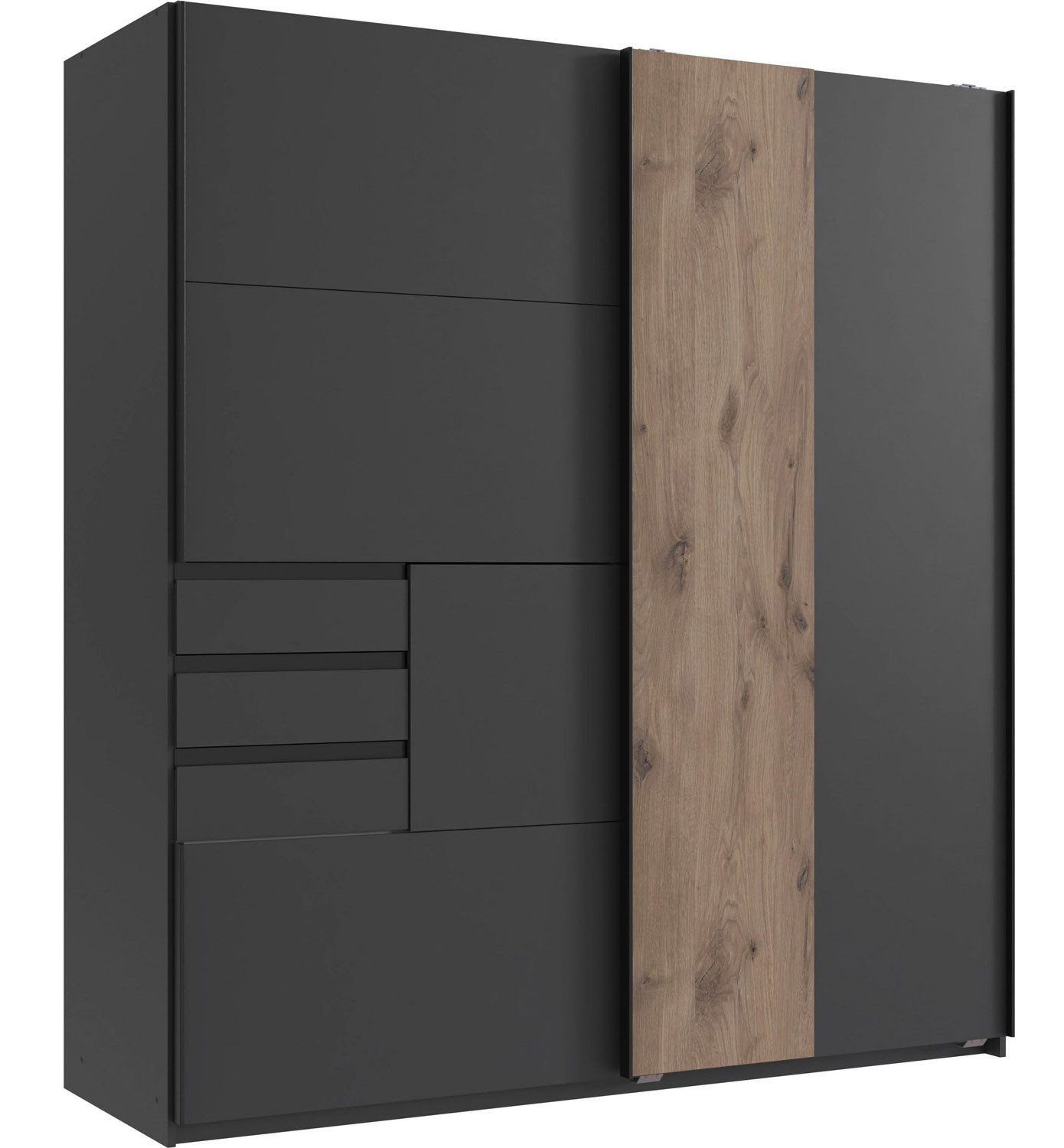 Wimex Schwebetürenschrank Coburg (2 Türen, 3 Schubladen, 4 Einlegeböden, 1 Kleiderstange, 1-St., moderne Optik, mit Akustiklamellen, Griffleisten aus Metall) 180x65x198cm Farbe wählbar