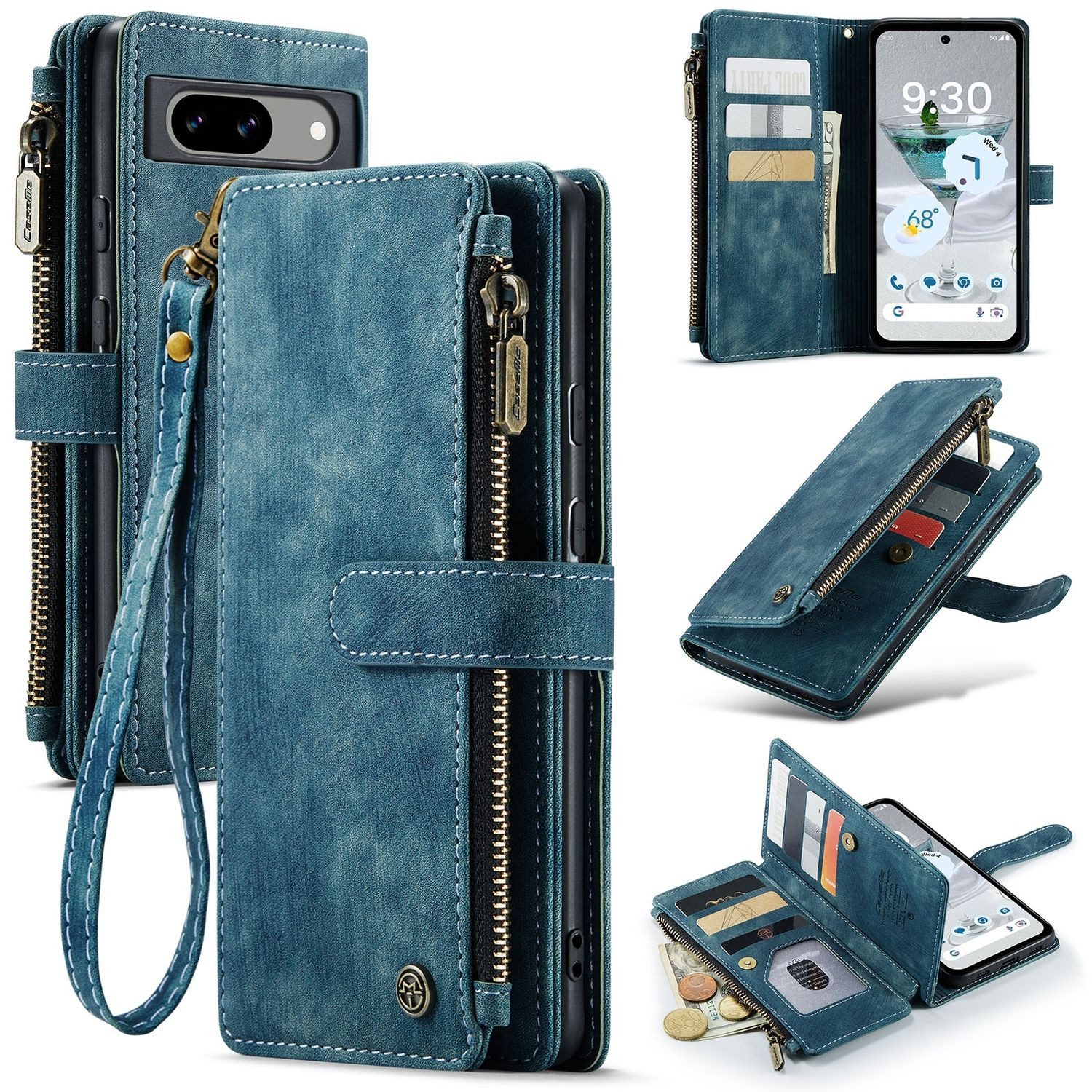 CaseMe Handyhülle Für Google Pixel 8a Kunstleder Multifunktion Zipper Wallet Tasche Blau, Kunst-Leder Schutz Tasche Smart Case Multifunktion