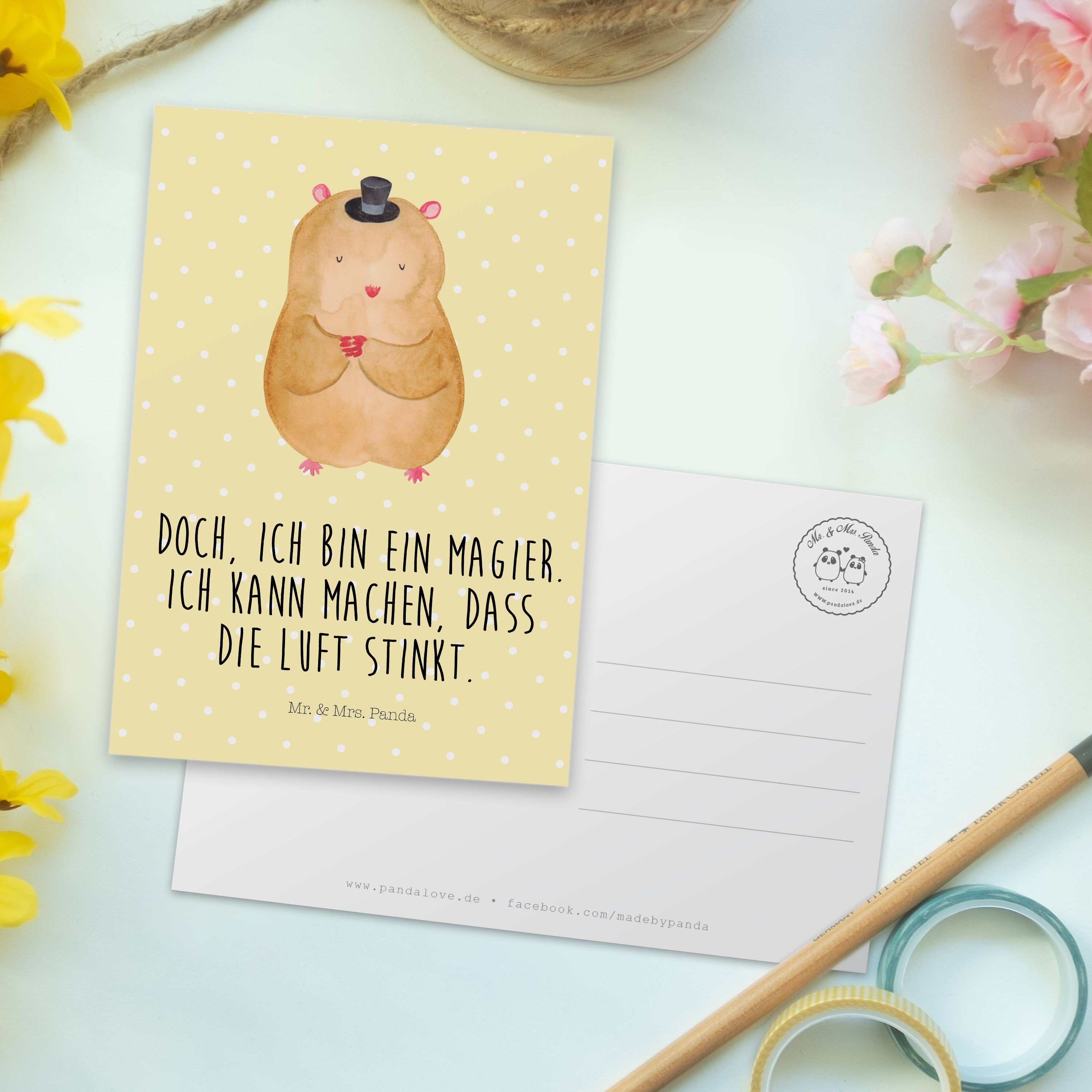 Laune Geschenk, Ansichtskarte, Postkarte Gute - Pastell mit Hamster Hut Panda Gelb Mr. - & Mrs.