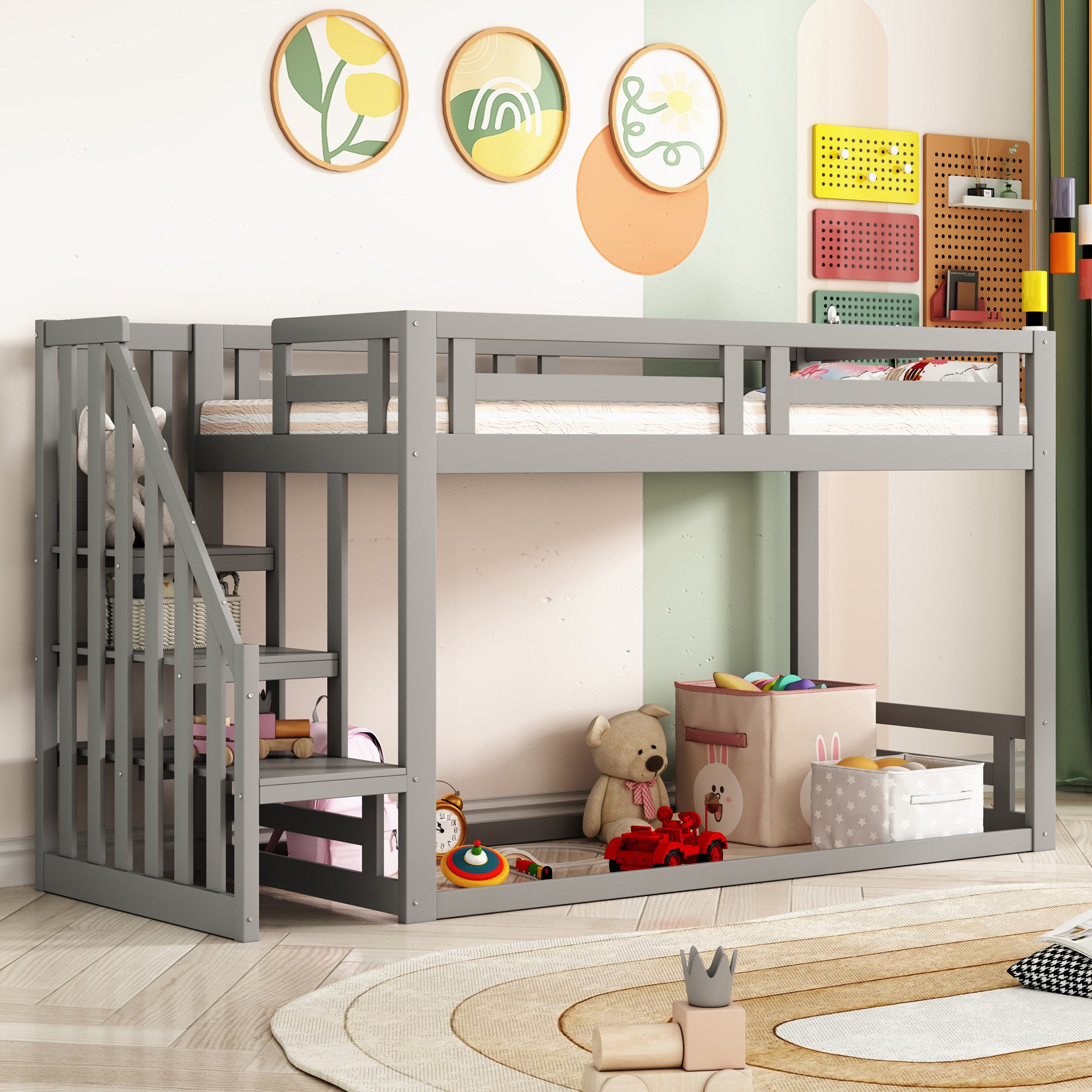 STILVORA Etagenbett 90×200 Kinderbett ohne Matratze,Bettgestell mit treppe und Lattenrost (mit Sicherheitstreppe, Etagenbettgestell aus Massivholz mit Lattenrost, 90*200cm), Ohne Matratze