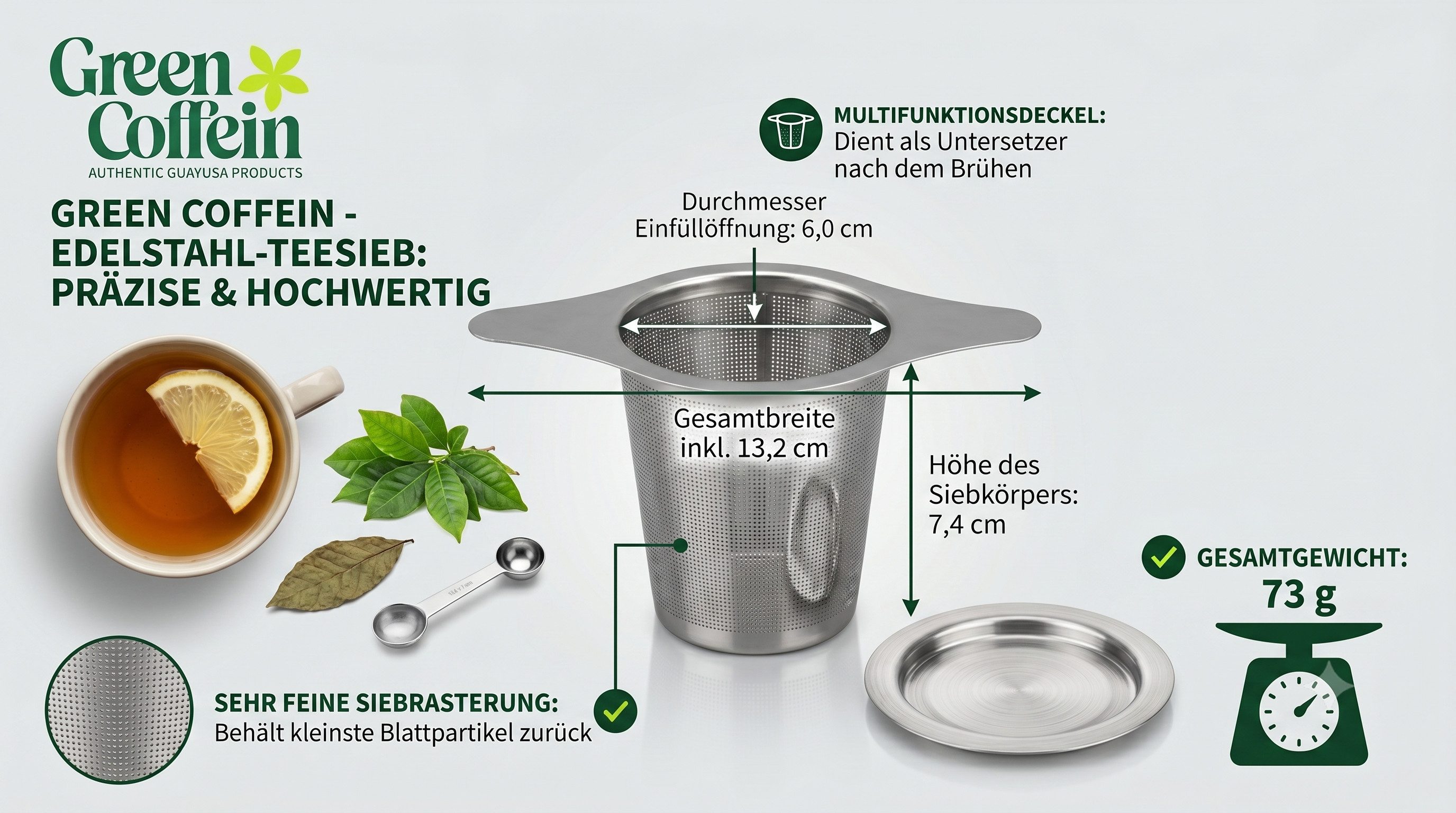 Green Coffein Teesieb Edelstahl-Teesieb mit Deckel, Teefilter für Tassen & Kannen, (Teebereiter-Zubehör / Teesieb-Set, 2-teiliges Set bestehend aus Teefilter un – Bild 5 von 5