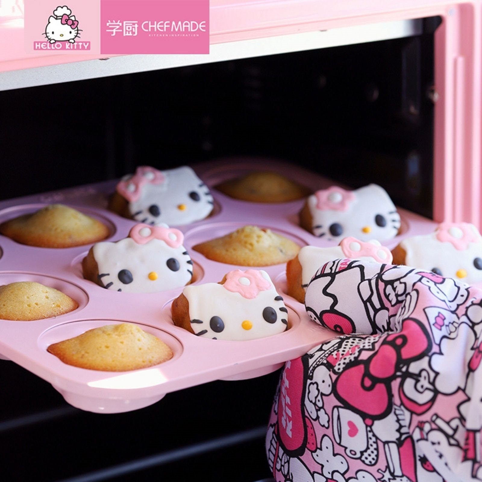 Chefmade Muffinform & Pink, Muffinform KITTY, 12er Minikuchenform, Muffin 1-tlg), HELLO Muffins silikonbeschichtet, Muffinblech, Backform Cup-Cakes, Backblech, antihaft- Kohlenstoffstahl Muffinform, Cupcakeblech, Silikon - Muffinblech, 12 326x258x28mm, (CHEFMADE,