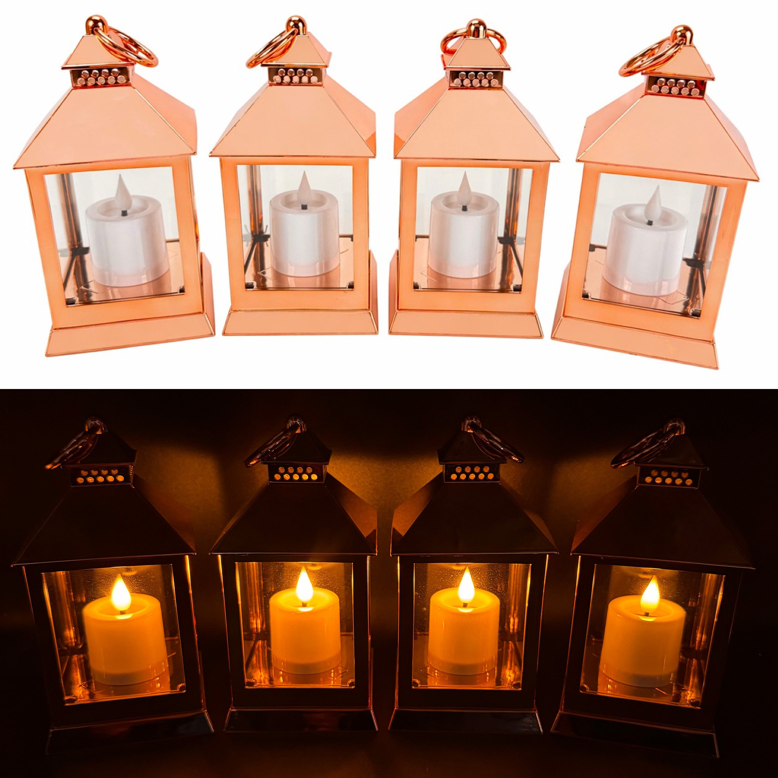 Online-Fuchs LED Laterne - 4er Set Deko Laternen mit LED-Kerzen und 6-Stunden Timerfunktion, mit realistischer Kerzenflamme, warmweiße Beleuchtung, glänzender Shiny-Look - aus Kunststoff gefertigt