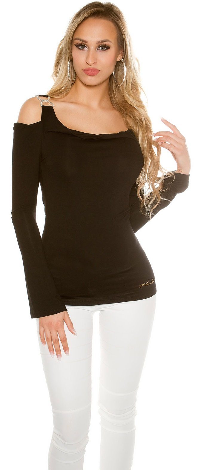 Koucla Langarmshirt Coldshoulder-Langarmshirt mit Strass, Shirt Langarm Longsleeve