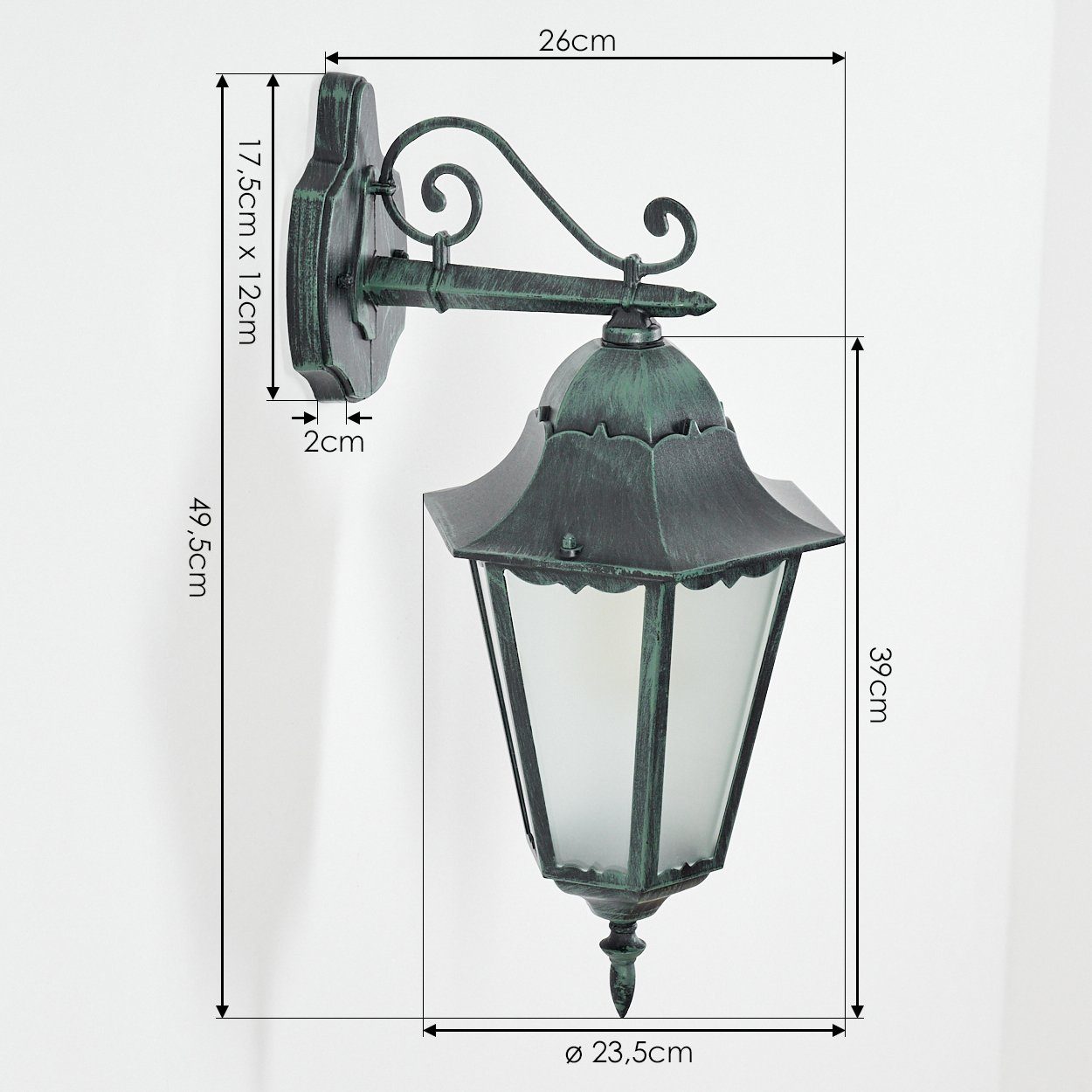 hofstein Außen-Wandleuchte Wandlampe abwärts in antikem Look aus Metall/Glas in Schwarz-Grün, ohne Leuchtmittel, Wandleuchte, Außenleuchte für Terrasse/Veranda, E27