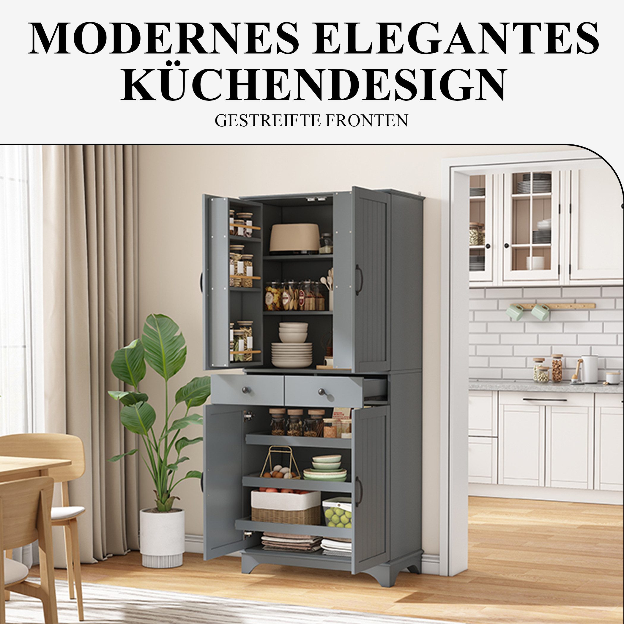 SeedWave Buffet 181cm Küchenschrank mit Verstellbaren Fächer, Ausziehbaren Tabletts Moderner Hochschrank mit Türablagen, 2 Schubladen