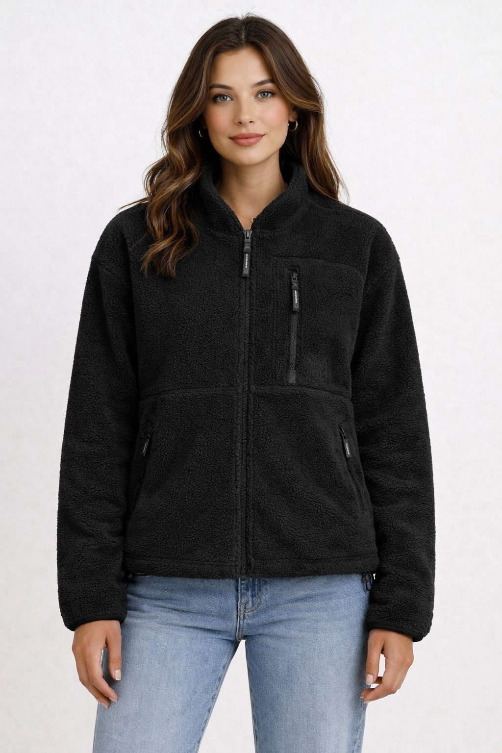 SUBLEVEL Fleecejacke Damen Teddyfleece Kuschelig Übergangsjacke Jacke Outdoor Stehkragen, Kapuze, flauschig, kuschelig, warm, Outdoor