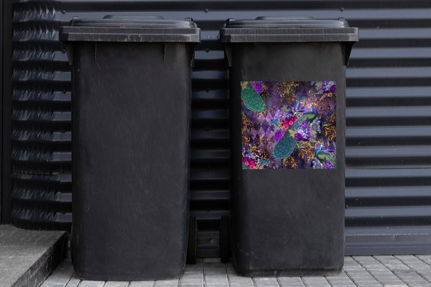 MuchoWow Wandsticker Muster Mülltonne, (1 St), Abfalbehälter Pfau Violett Sticker, Container, - - Mülleimer-aufkleber
