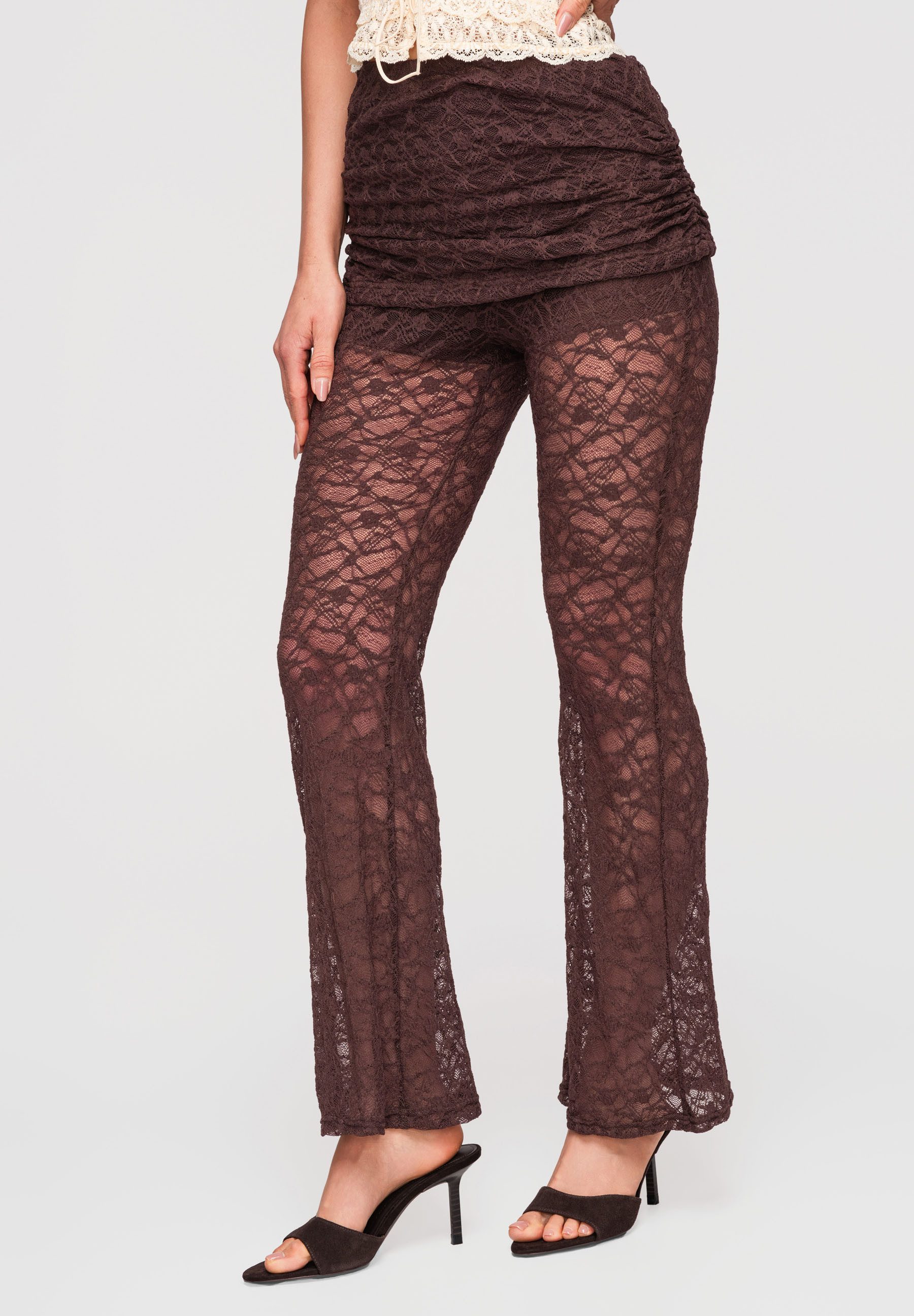 OMBRE Schlaghose Damen Schlaghose Spitze Elegant Braun ONESIZE (kein Set, 1-tlg) Transparente Spitze, geraffte Minirock-Schicht