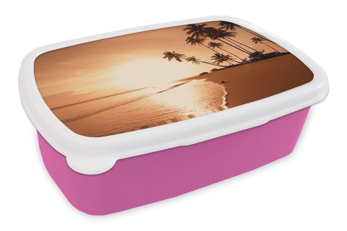 Mädchen, Brotbox Snackbox, Kinder, - Lunchbox - Sonnenuntergang Kunststoff, für (2-tlg), Erwachsene, - Palme Tropisch Strand Kunststoff MuchoWow rosa - Brotdose Meer,