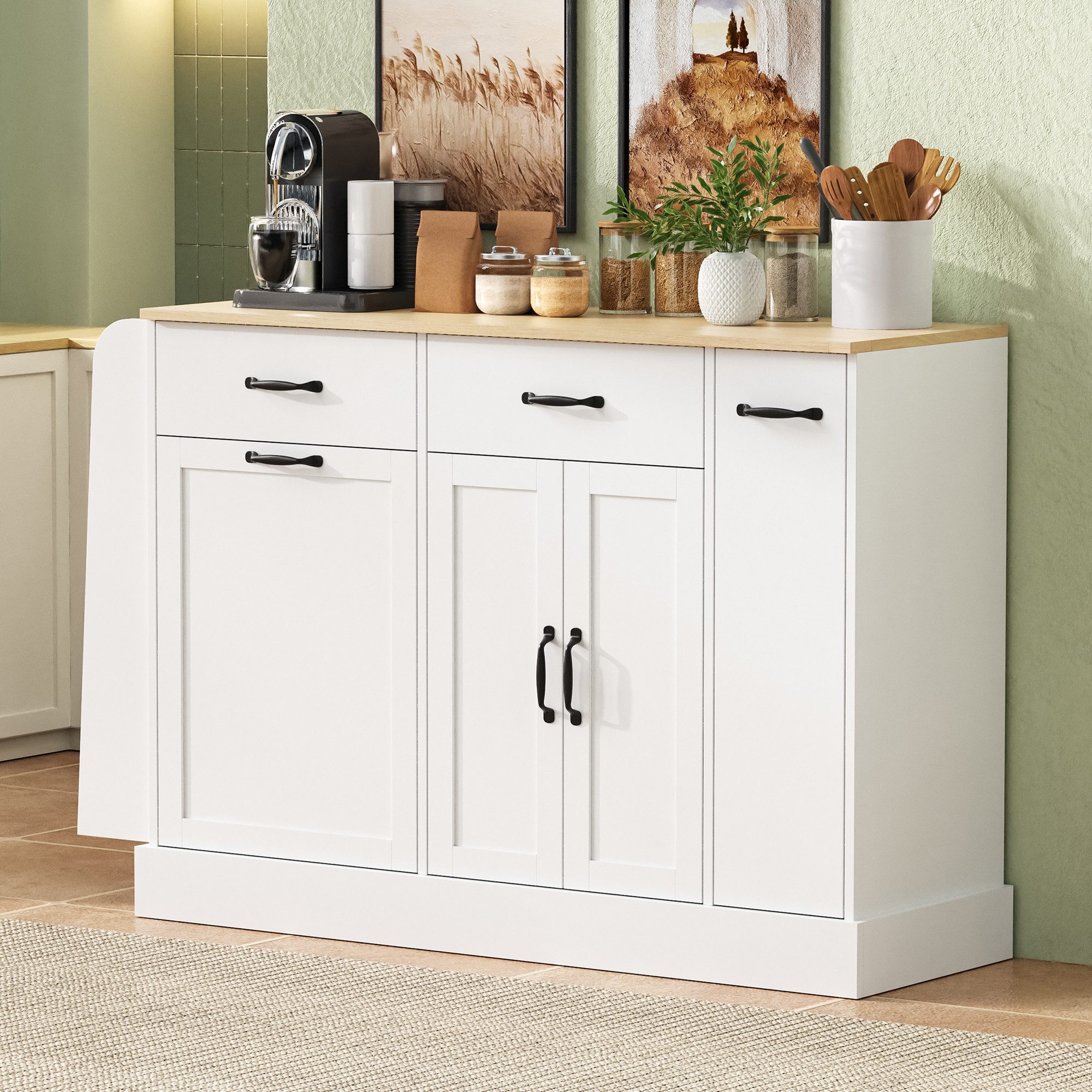 HAUSS SPOLE Sideboard mit Mülleimerfach,Küchenschrank mit Schubladen und Gewürzregal,Weiß (Buffetschrank 133.5×40×86 mit Abfallbehälterfach), für Esszimmer oder Wohnzimmer