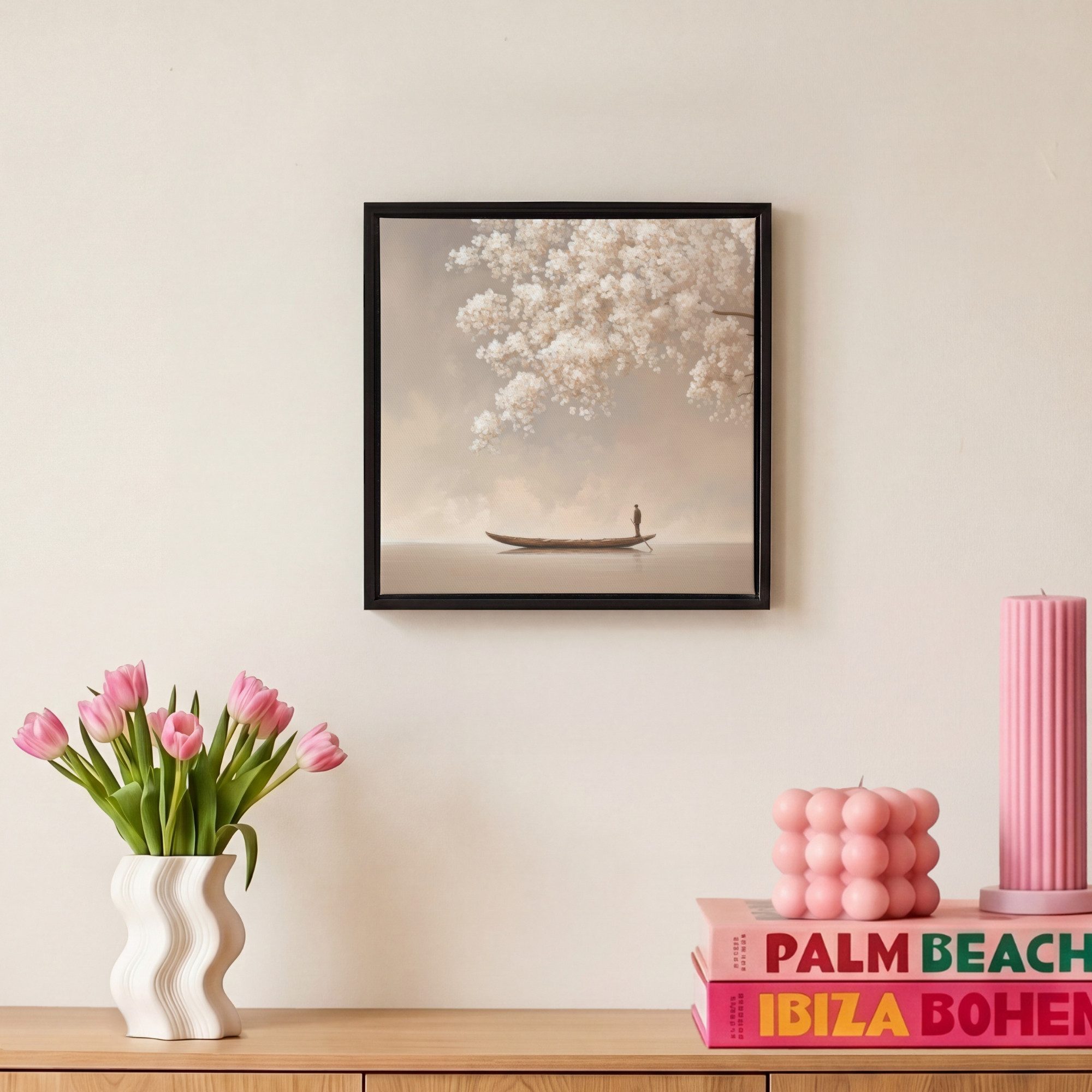 OneMillionCanvasses® Leinwandbild mit Rahmen - Blüten - Weiß - Boot - Minimalistisch, Fotodruck (1 St), Leinwand Bilder Klein, Wand Dekoration Aesthetic 20x20cm – Bild 4 von 5