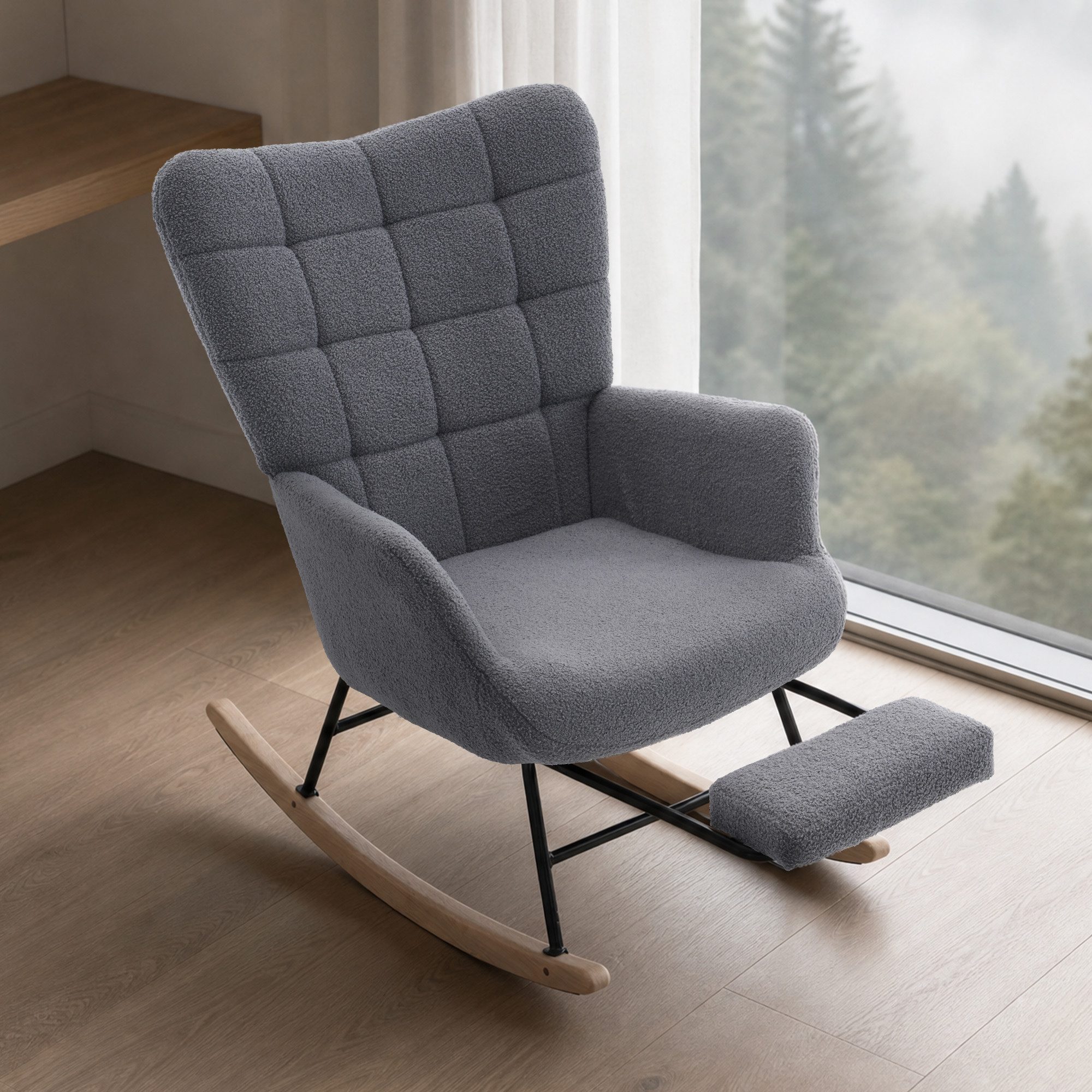 STILVORA Schaukelstuhl Schaukelsessel wohnzimmer Relaxsessel mit Fußstütze,grau (Sherpa-Fleece & hoher Rückenlehne), für Wohnzimmer, Schlafzimmer, Leseecke und Ruhebereiche