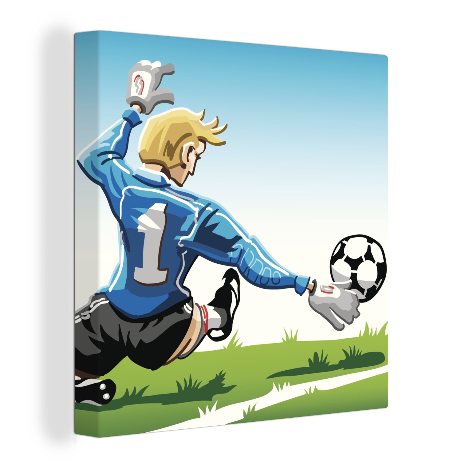 Wohnzimmer -, St), (1 Jungen der für Fußball Torwarts, den Eine stoppt eines OneMillionCanvasses® Bilder Leinwandbild - Illustration Schlafzimmer Leinwand