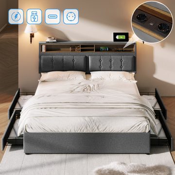 Fine Life Pro Bett Polsterbett mit 4-Schubladen-Doppelbett, USB-C Anschluss, einstellbarer Höhe des Kopfteils, Holzlattenrost