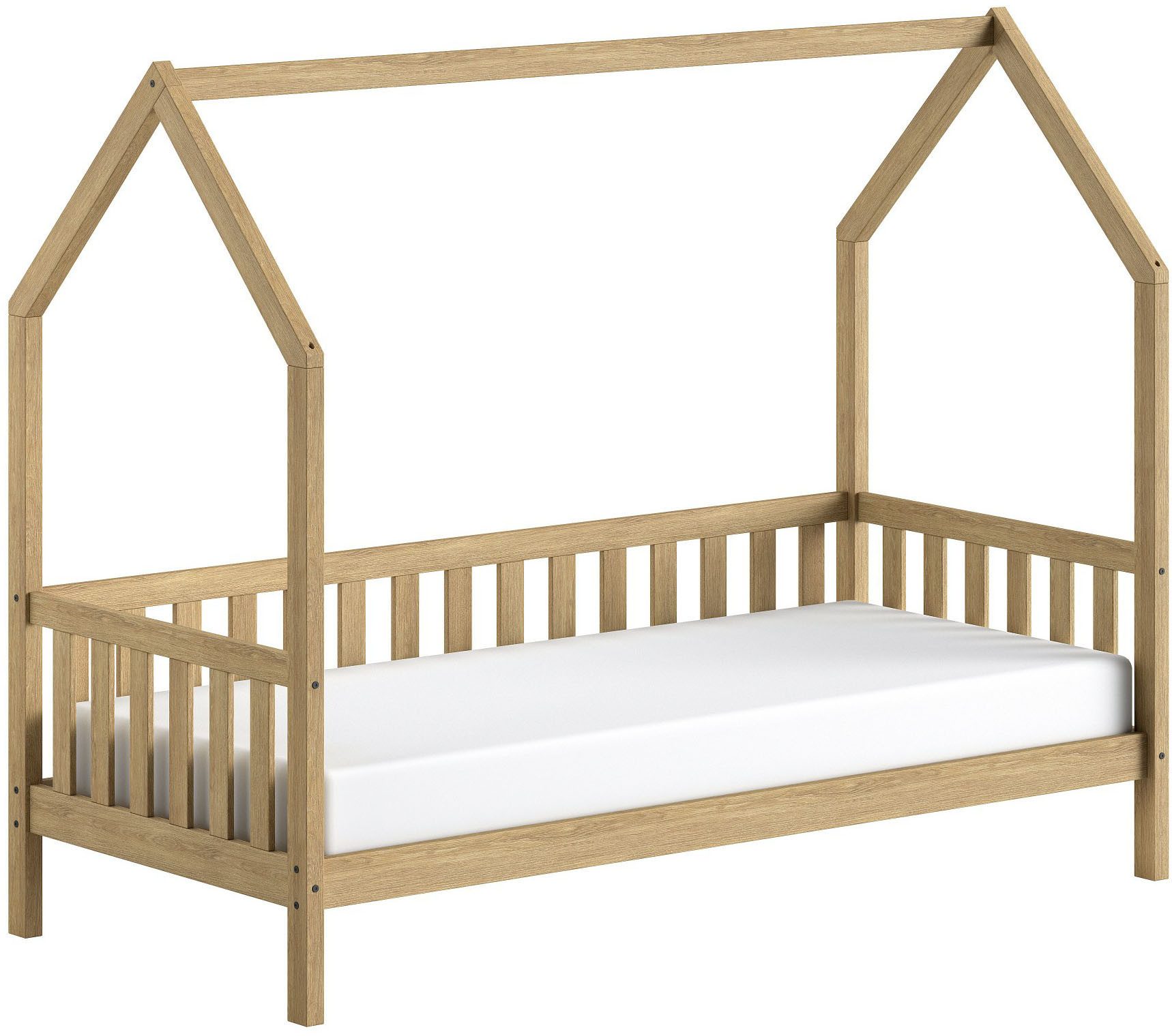 Hausbett Cabane, mit Dachaufbau und Sprossenumrandung in Landhaus-Optik
