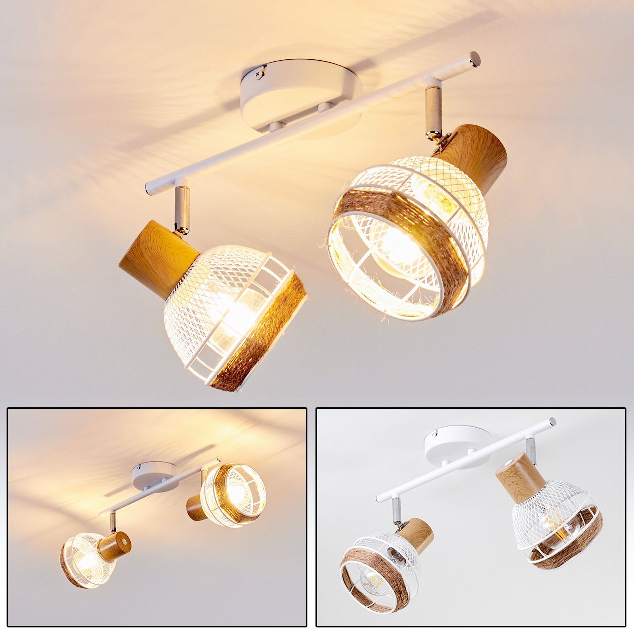hofstein Deckenleuchte »Nalles« verstellbare Deckenlampe, Metall/Holz/Hanfseil, Weiß, ohne Leuchtmittel, Lampenschirme dreh-/schwenkbar, 2xE27, Gitter-Optik, chrom, Natur