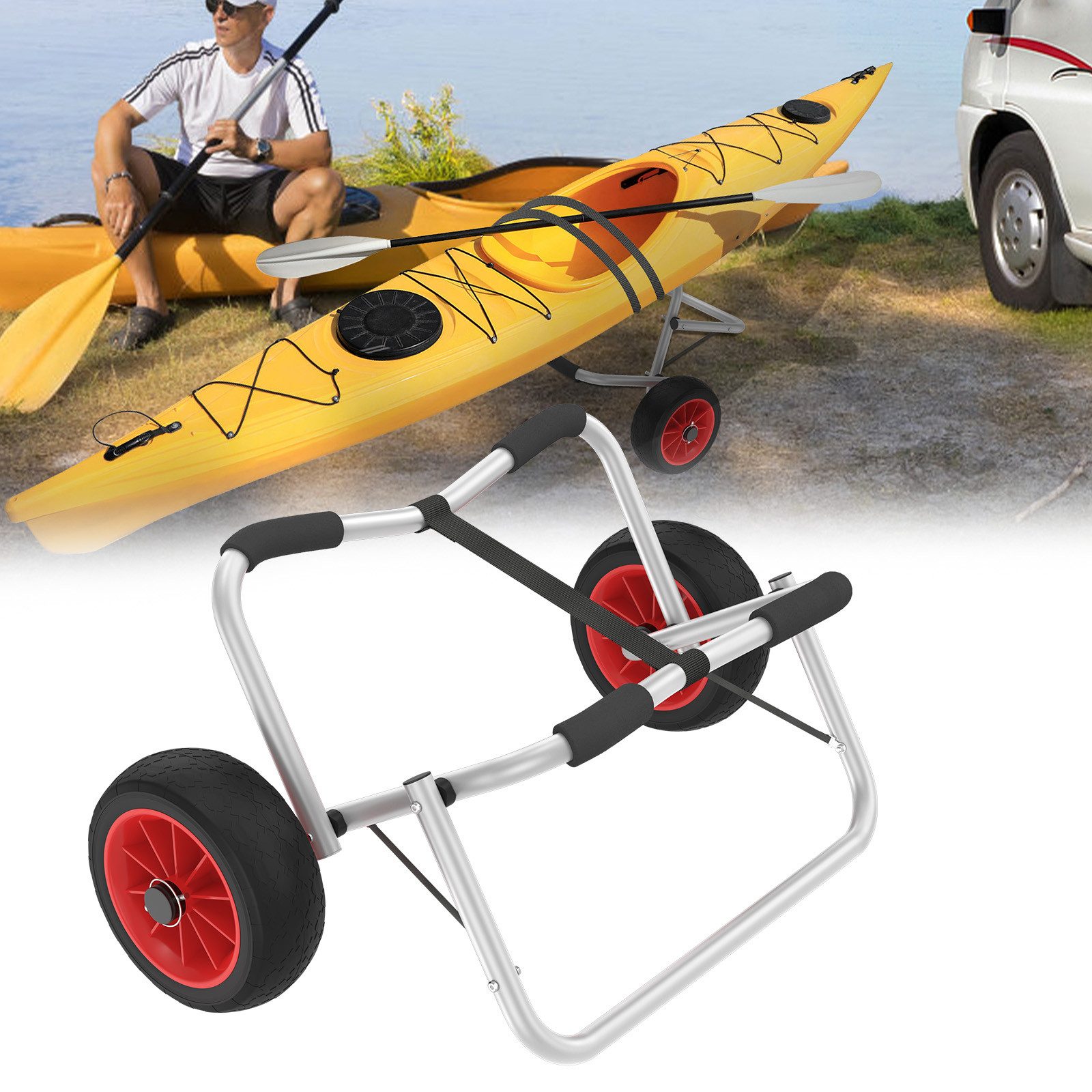 FIVMEN Rollwagen Kajakwagen Faltbarer Alu Kanuwagen Bis 100KG, AluminiumTransportwagen, (Set), mit 2 PU-Räder & Spannriemen Surfwagen Transportwagen Bootstrailer