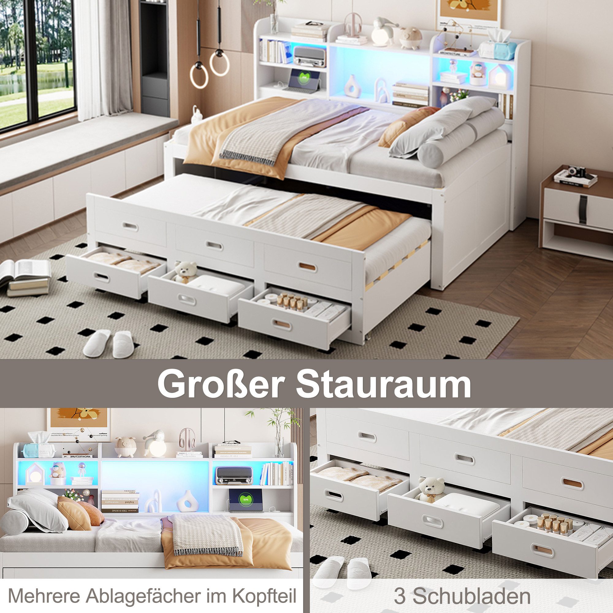 HAUSS SPOLE Schlafsofa 90 x 200cm mit Ausziehbett Led-fernbedienung, 3 schubladen, Weiß, 90x200 mit LED & 3 Schubladen, USB+Typ-C, Ausziehbett, ohne Matratze