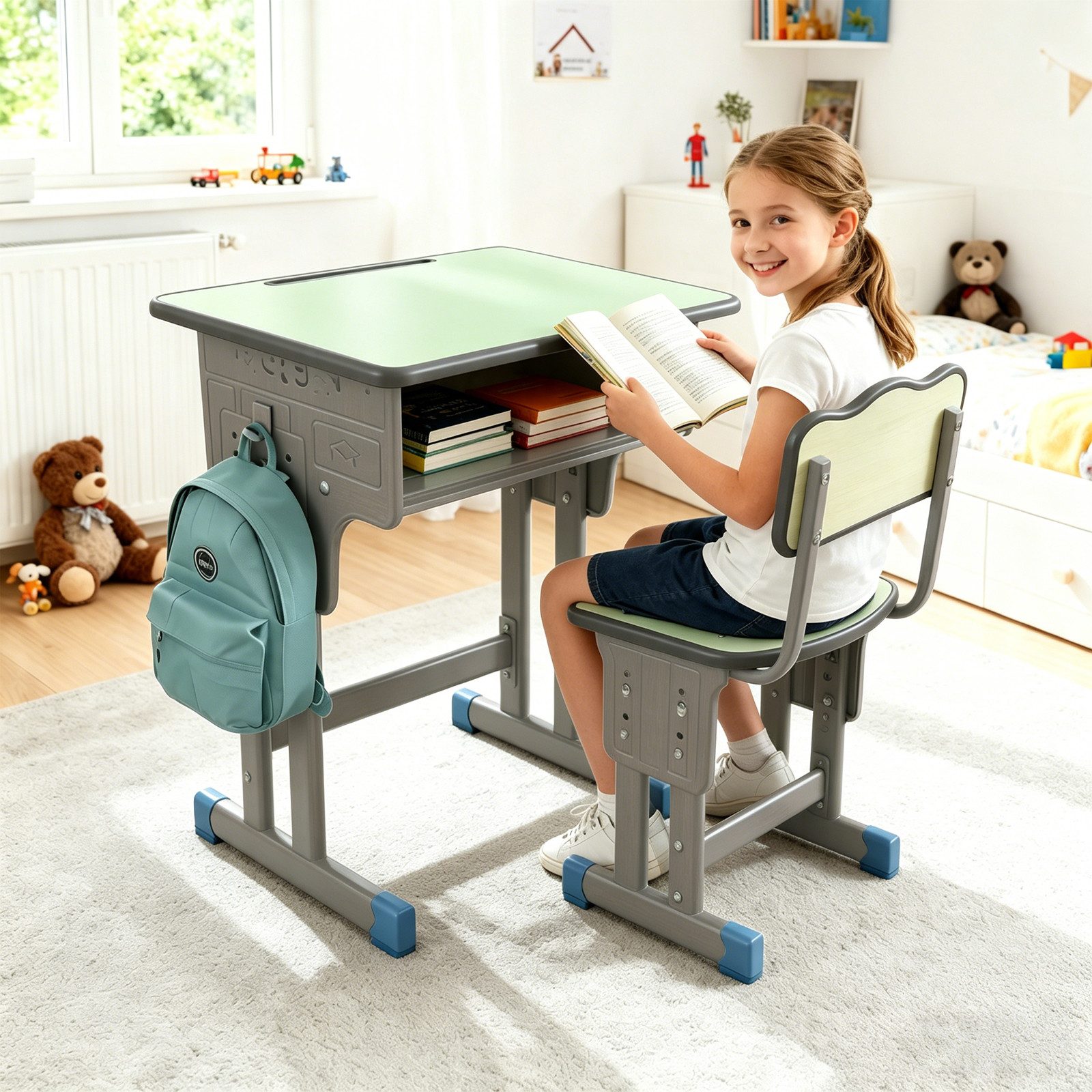 BBG Kinderschreibtisch Höhenverstellbares Kinder Schreibtisch Set mit Stuhl (Ergonomischer Lerntisch 60x40 cm, 4-Stufen Höhenverstellung, Ein Tisch, ein Stuhl), Anti-Rutsch Füße, Schulmöbel für Kinder ab 3 Jahren