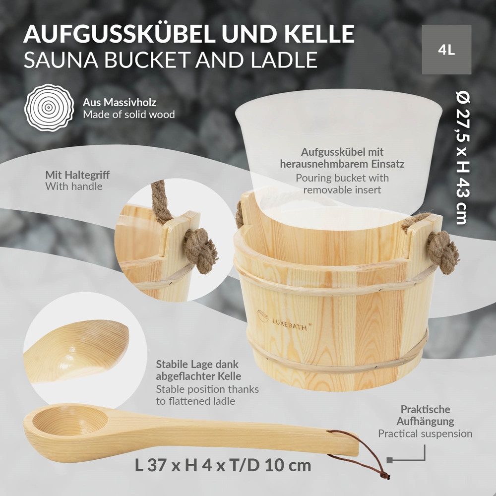 LuxeBath Sauna-Aufgussset 2-teilig Saunazubehör-Set aus massivem Kiefernholz, Sauna Set Zubehör 4L Aufgusskübel mit Seilgriff & Schöpfkelle Saunaeimer Wassereimer
