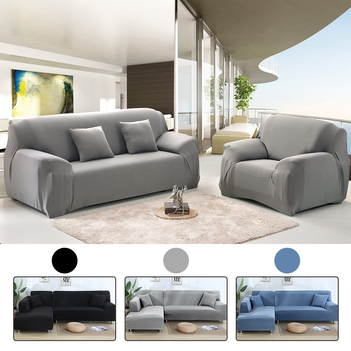 Sofahusse Sofabezug Sofa Überwürfe Stretch Waschbar Universal, MULISOFT, Couchbezug für Wohnzimmer Protector für Hunde Haustiere grau