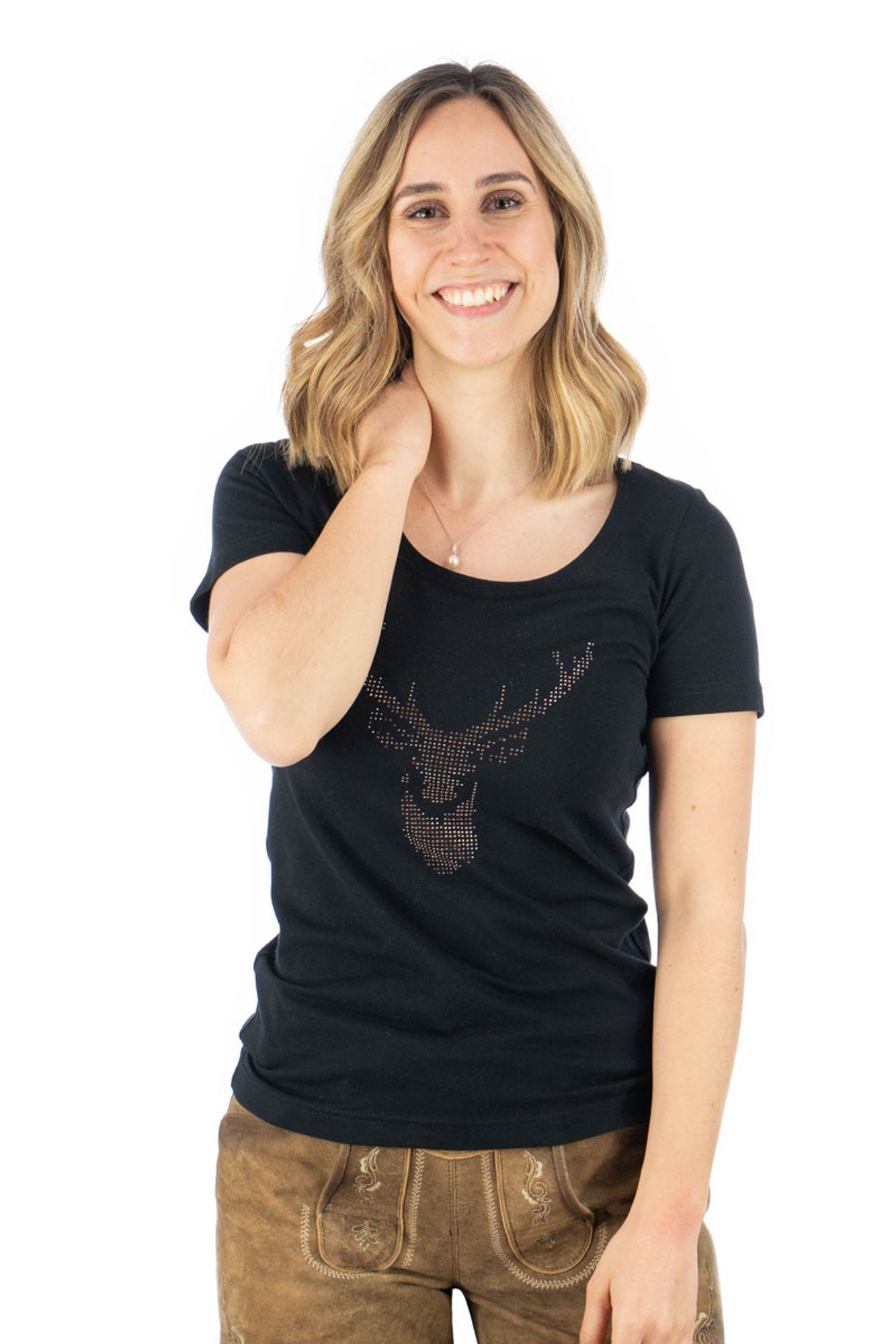 Brust Strass-Hirsch mit T-Shirt der auf Kurzarm Trachtenshirt OS-Trachten schwarz Uginoy
