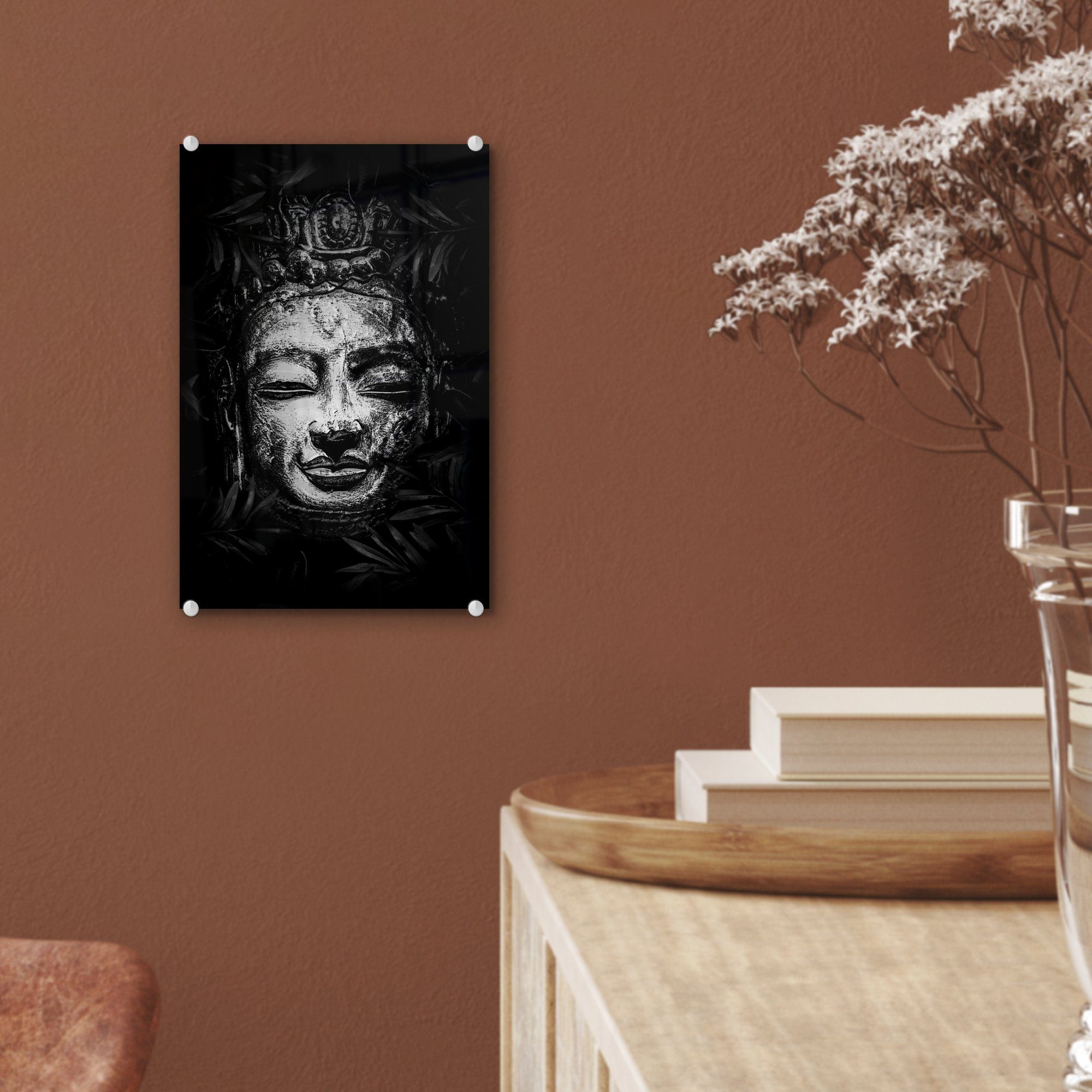 Buddhas Acrylglasbild mit - schwarz, Wandbild eines Kopf Blättern Glas - Glasbilder St), herum Bilder bunt auf Glas drum auf tropischen (1 MuchoWow Foto Rauher Wanddekoration - -