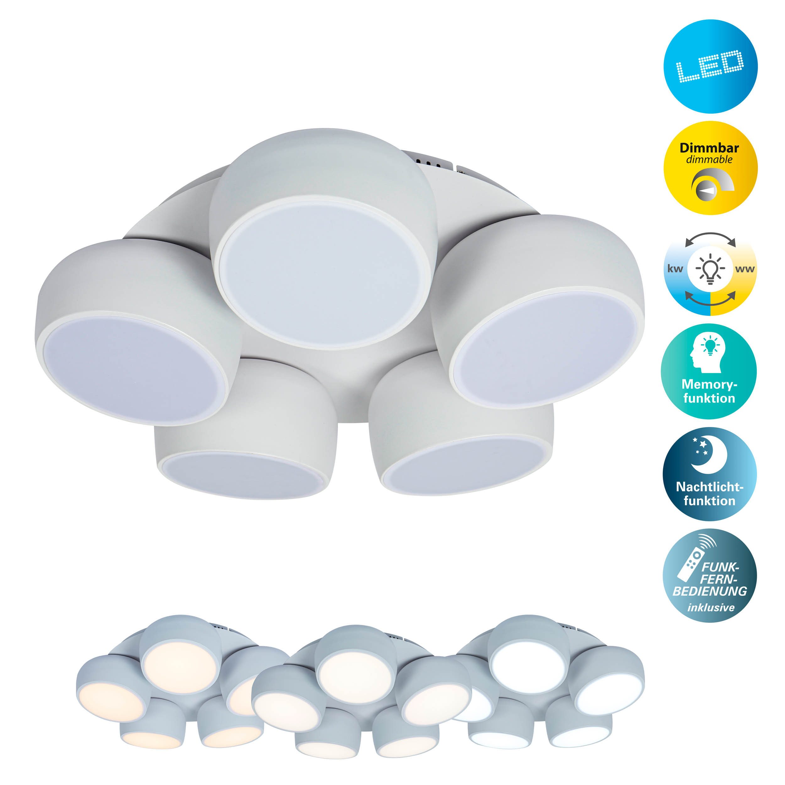 näve LED Deckenleuchte Eliora, CCT - über Fernbedienung, Memoryfunktion, Nachtlichtfunktion, mehrere Helligkeitsstufen, LED wechselbar, warmweiß - kaltweiß, LED, dimmbar, CCT, Memory, Nachtlicht, Funkfernbedienung, weiß